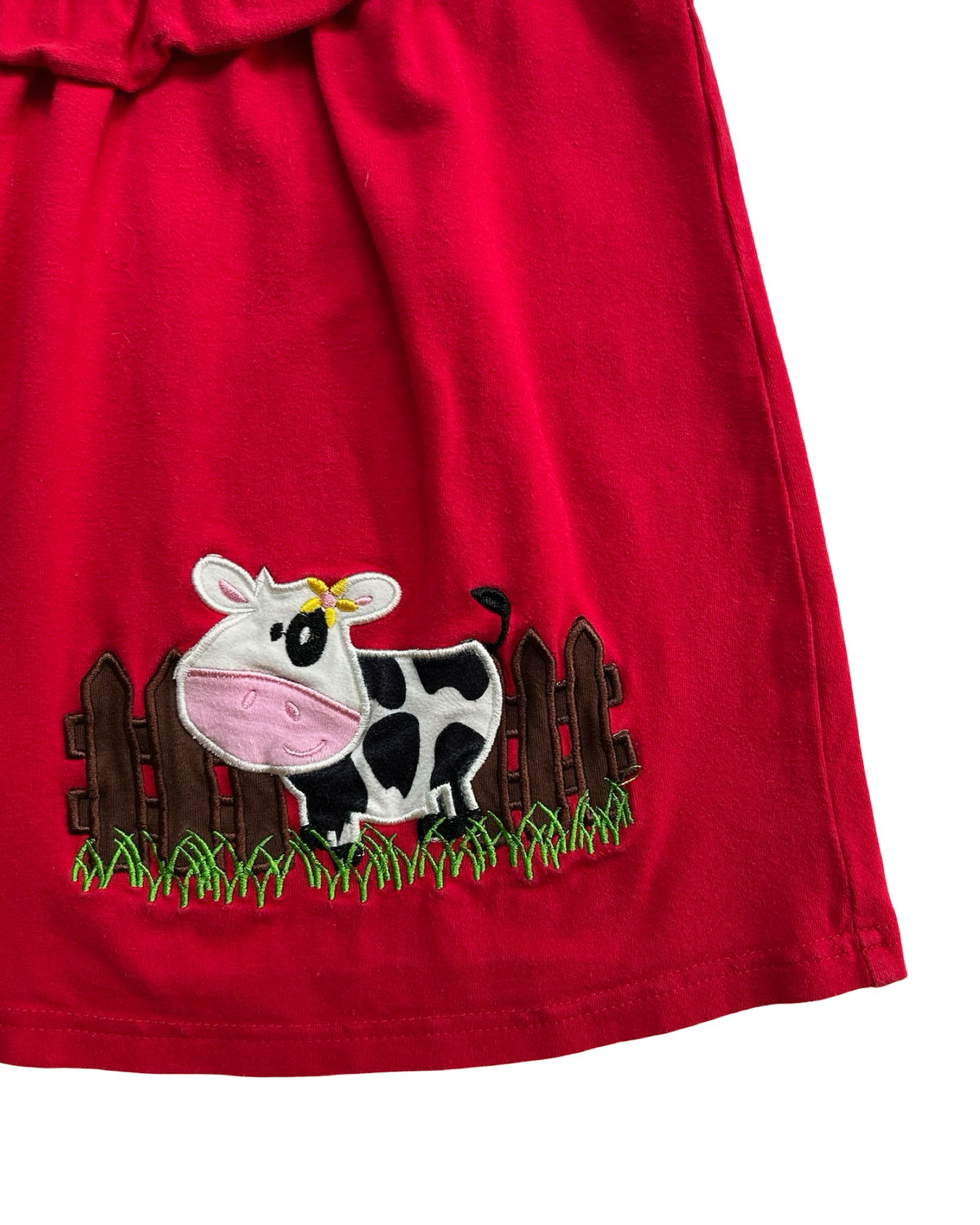 XL 6T Toddler Girls Marie Nicole Clothing Set 3 Piece, Dots Watermelon 🍉 Embroidered Dress, Cow Appliqué Dress And Red Ruffle Shorts.