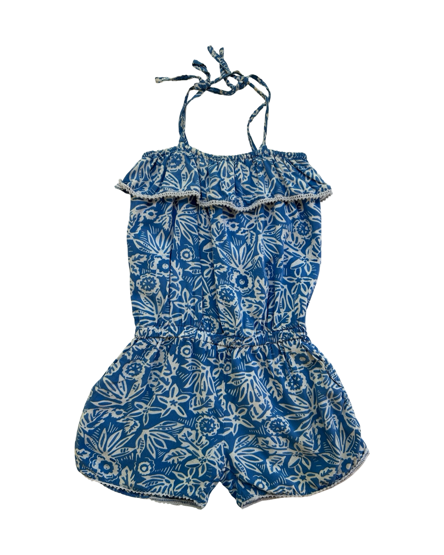 4 Toddlers Girls Blue Ginger Blue Floral Sleeveless With Pockets Romper