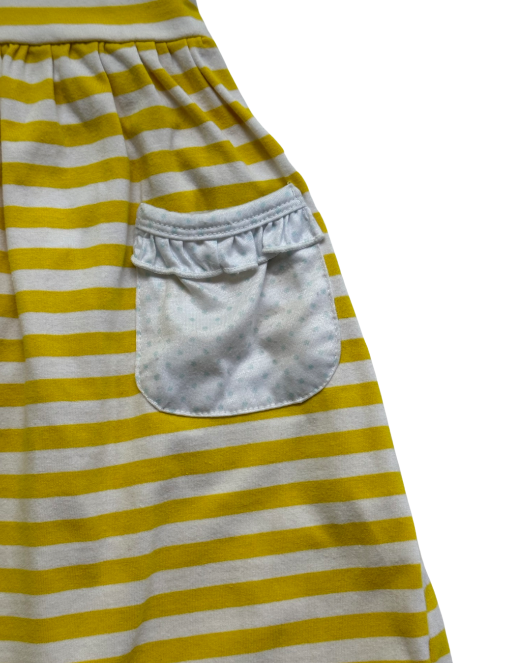 4T Toddler / 5T Toddler Girl Yellow Striped Dress with Blue Polka Dot Pockets and Trim