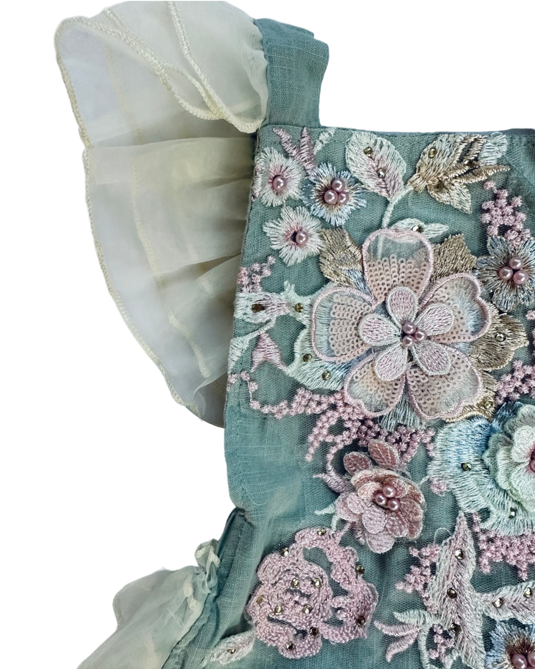 6-12M Baby Girl Little House Boutique  Beautiful Floral Embroidered and Beaded Rufflebutt Bubble Romper