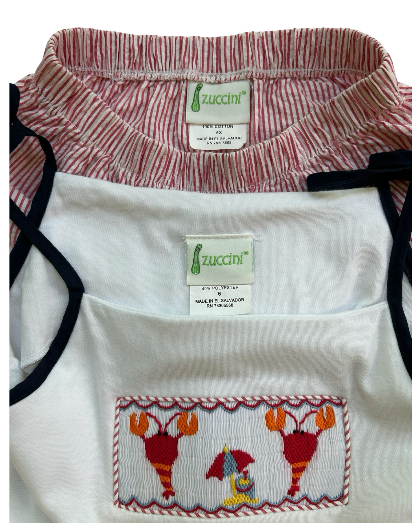 6T Toddlers Girls Zuccini Top Lobster 🦞🦞 Embroidered Shoulder And Striped Ruffle Short.