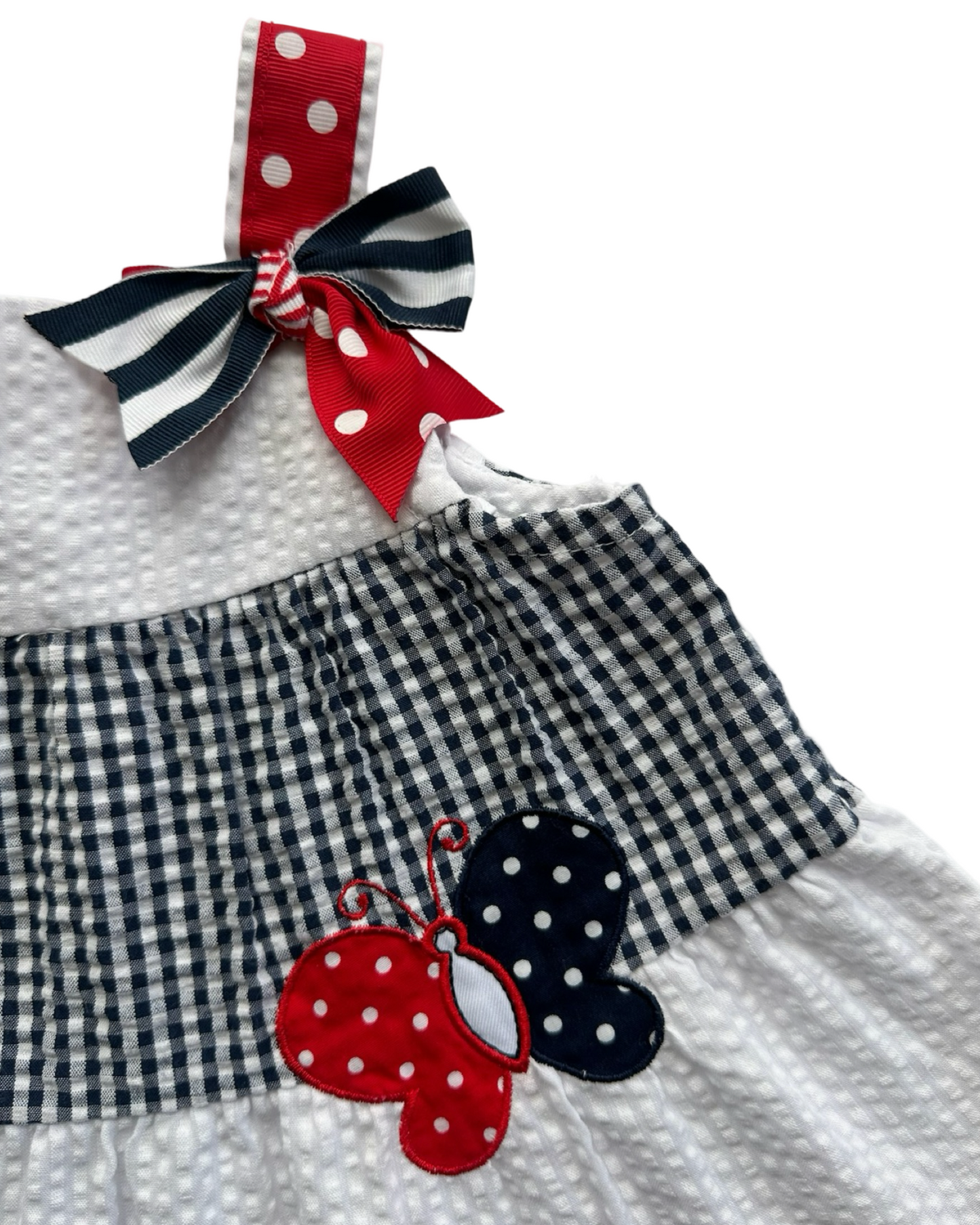 6-9M Baby Girl Red / White / Blue Seersucker Rare Editions American Butterfly Dress w/ Bloomers
