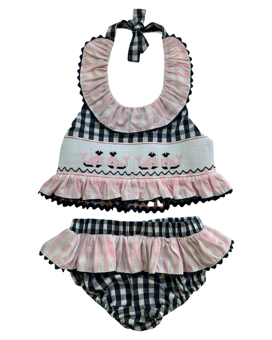 6T Toddlers Girls Shrimp & Grits Smocked And Gingham Pattern Swimsuit Two Pieces Set