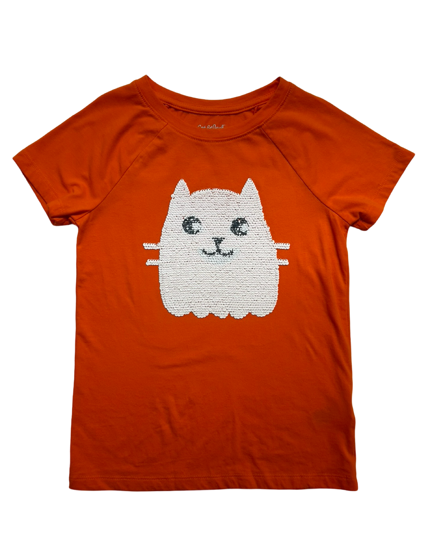 M 7/8 Youth Girls Cat & Jack Halloween Ghost Cat Sequin Top.