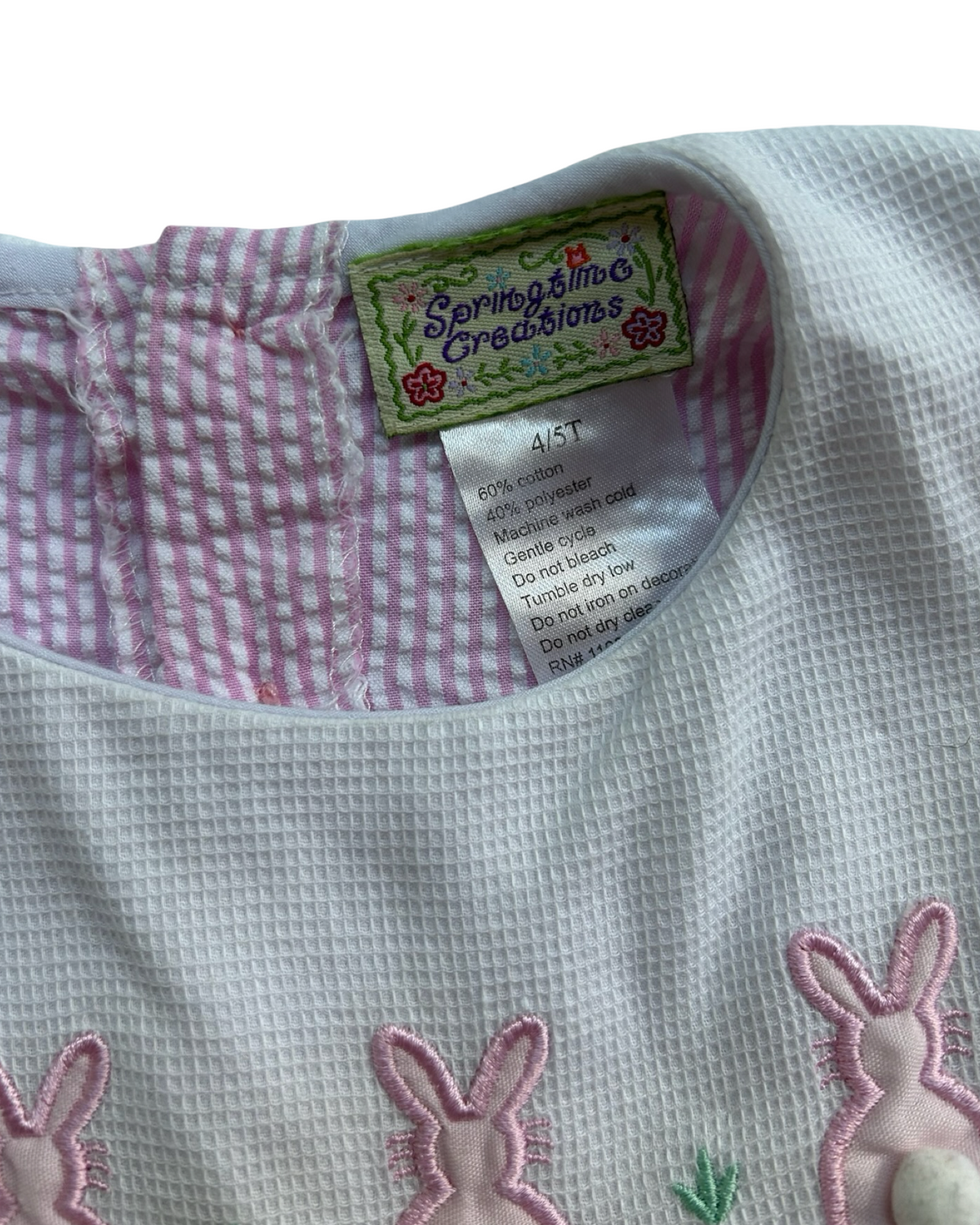 4T - 5T Toddler Girls Springtime Creations Seersucker Bunny Rabbit Easter Dress.