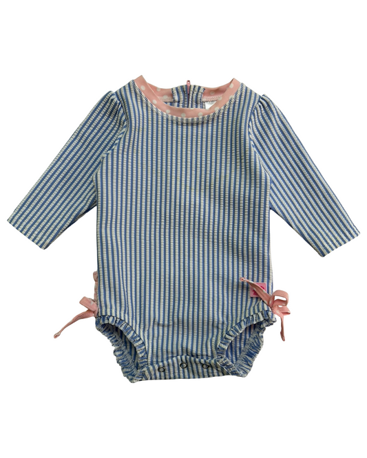3M-6M Baby Girls RuffleButts Striped Long Sleeve Rash Guard One Pieces.