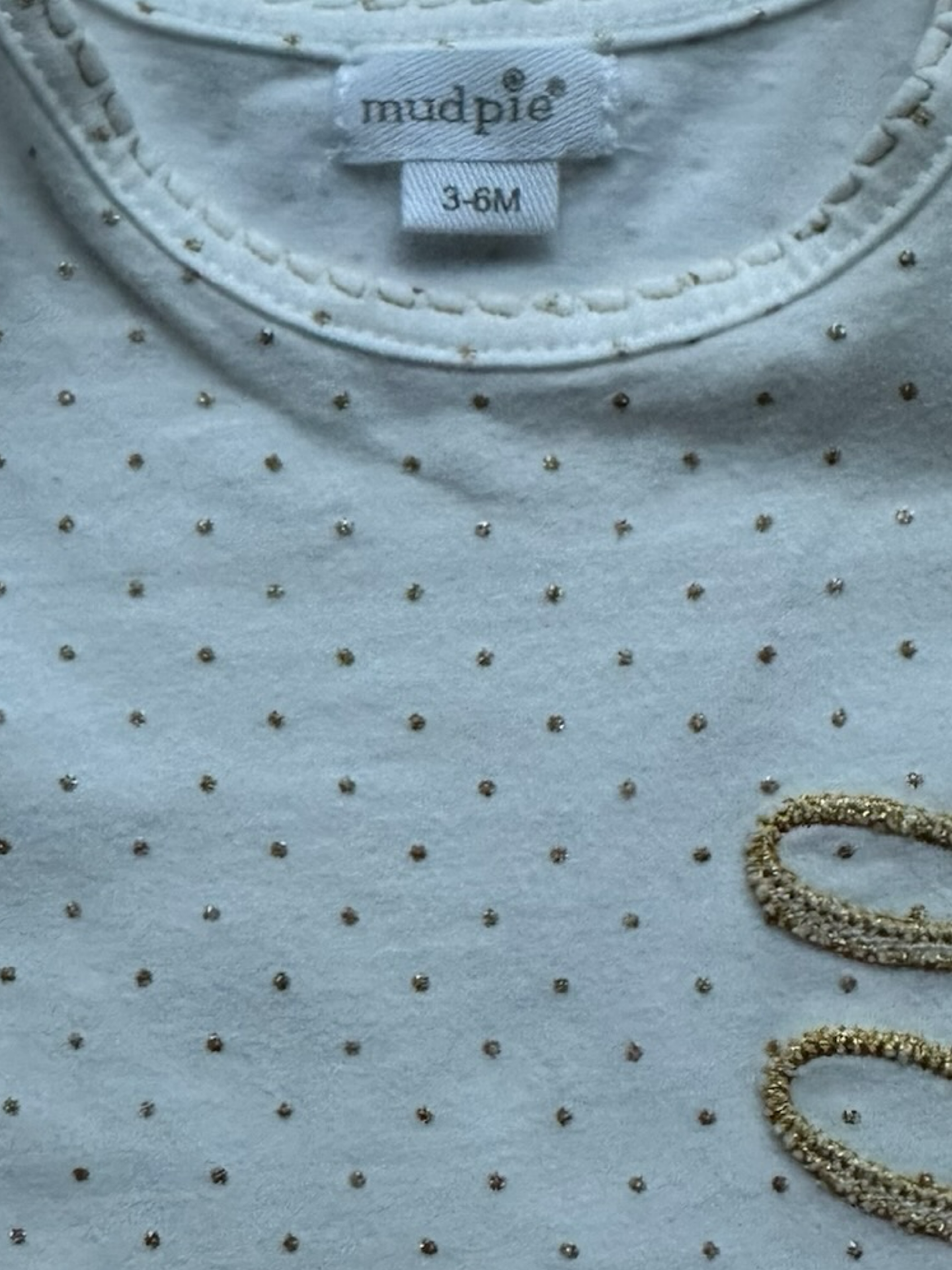 3M-6M Baby Girl MudPie White / Gold “ HELLO WORLD” Sleeper Polka Dot Tie Gown