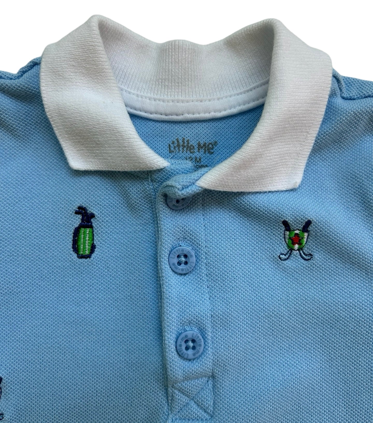 12M Baby Boy Little Me Golf Polo Romper Light Blue Short Sleeve Embroidered.