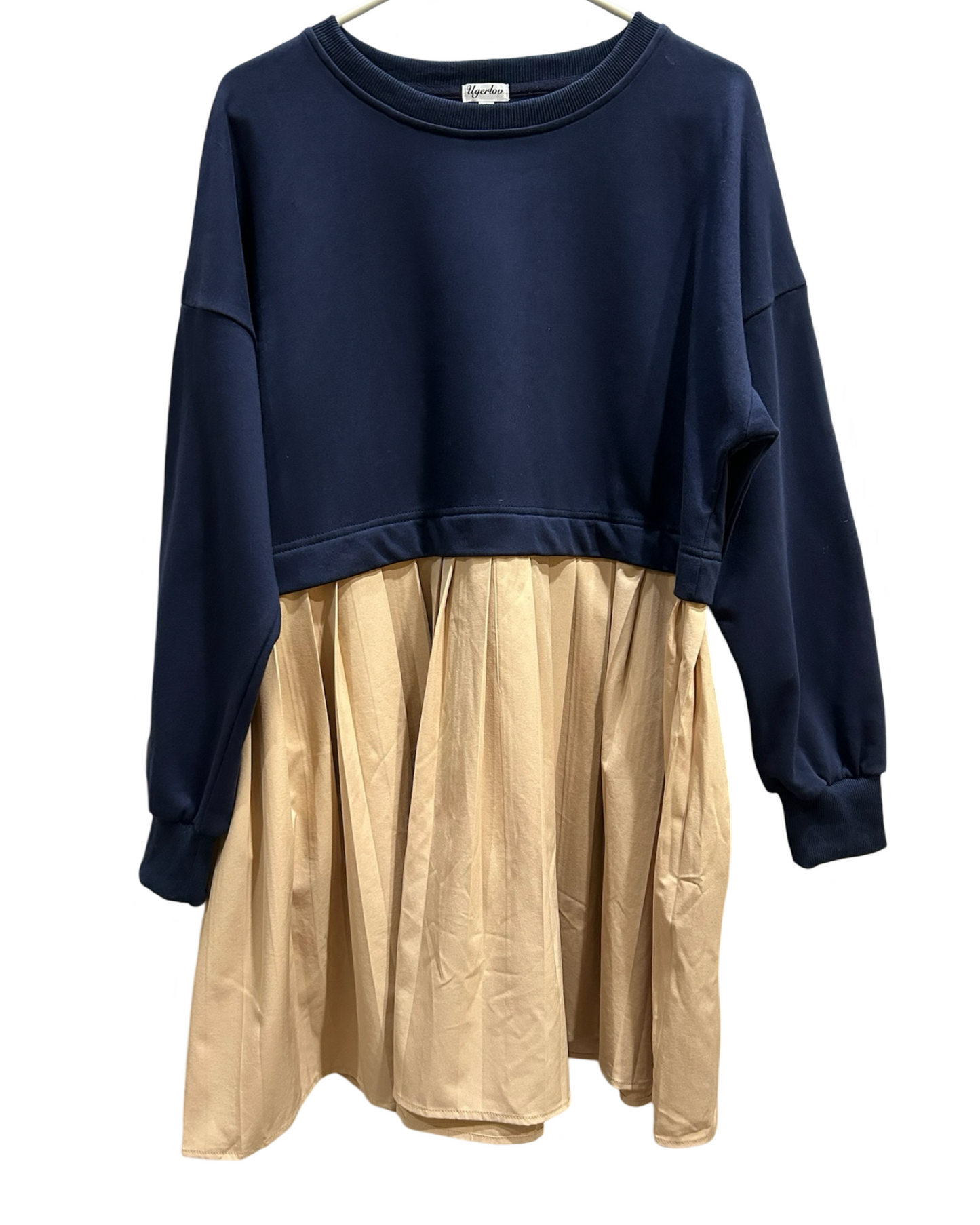 Women's Oversized Navy and Khaki Pleated Bottom Sweatshirt Dress Size Small