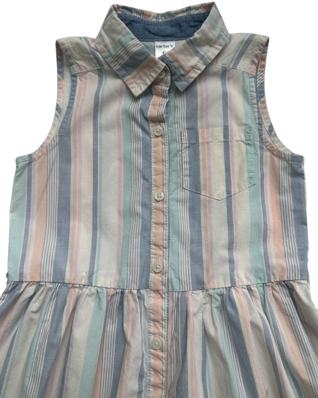 5T Toddler Girl Carter's Pastel Striped Button Front Collared Dress.