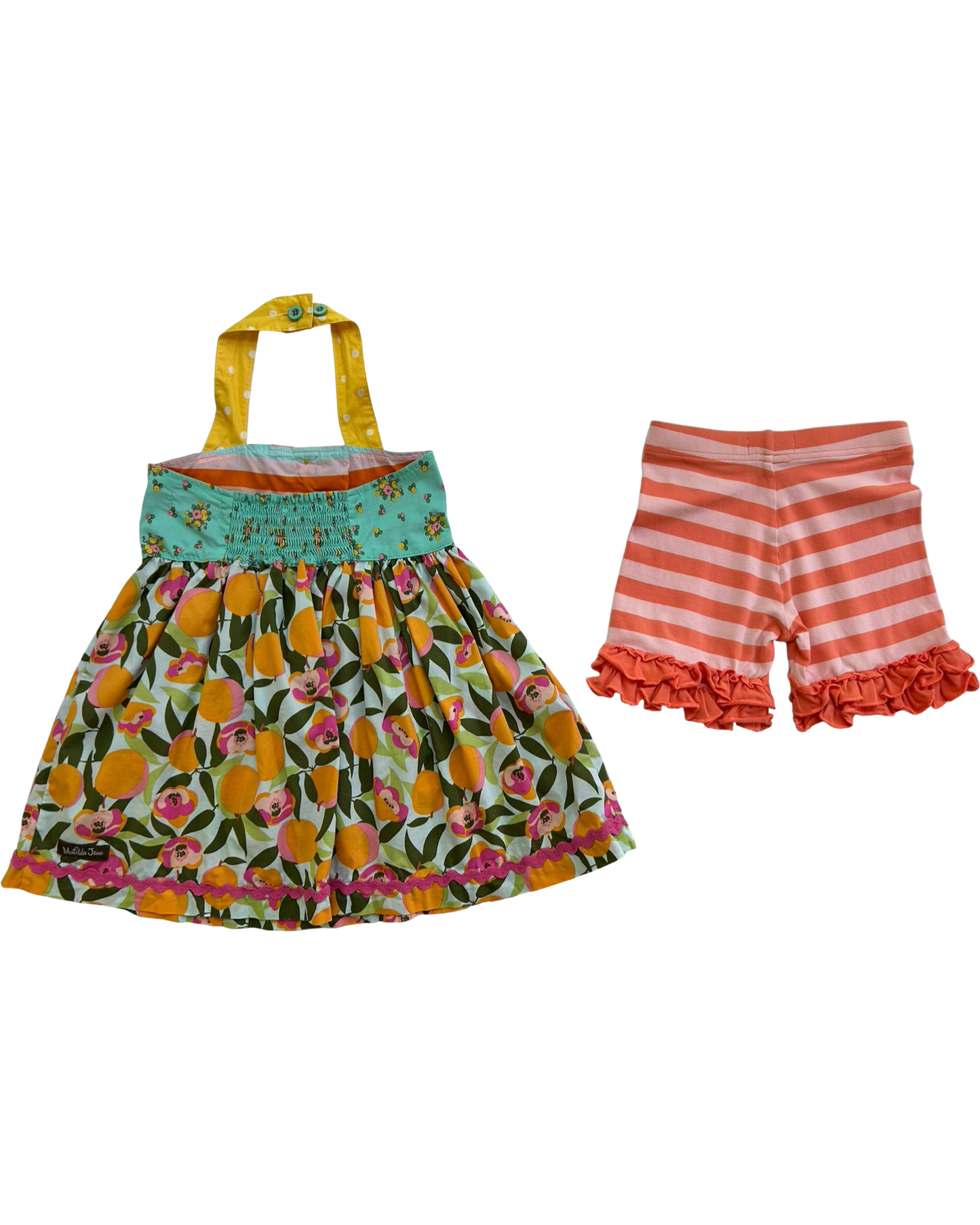 4T Toddler Girl Matilda Jane You’re A peach Halter Tunic Top And Stripe Ruffle Short 2 Piece Set.