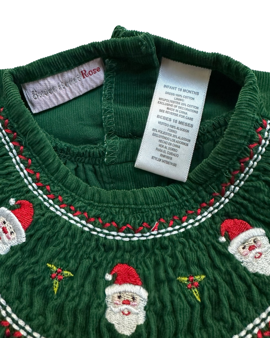 18M Baby Girl Sweet Heart Rose Green Corduroy Smocked Santa Christmas Dress