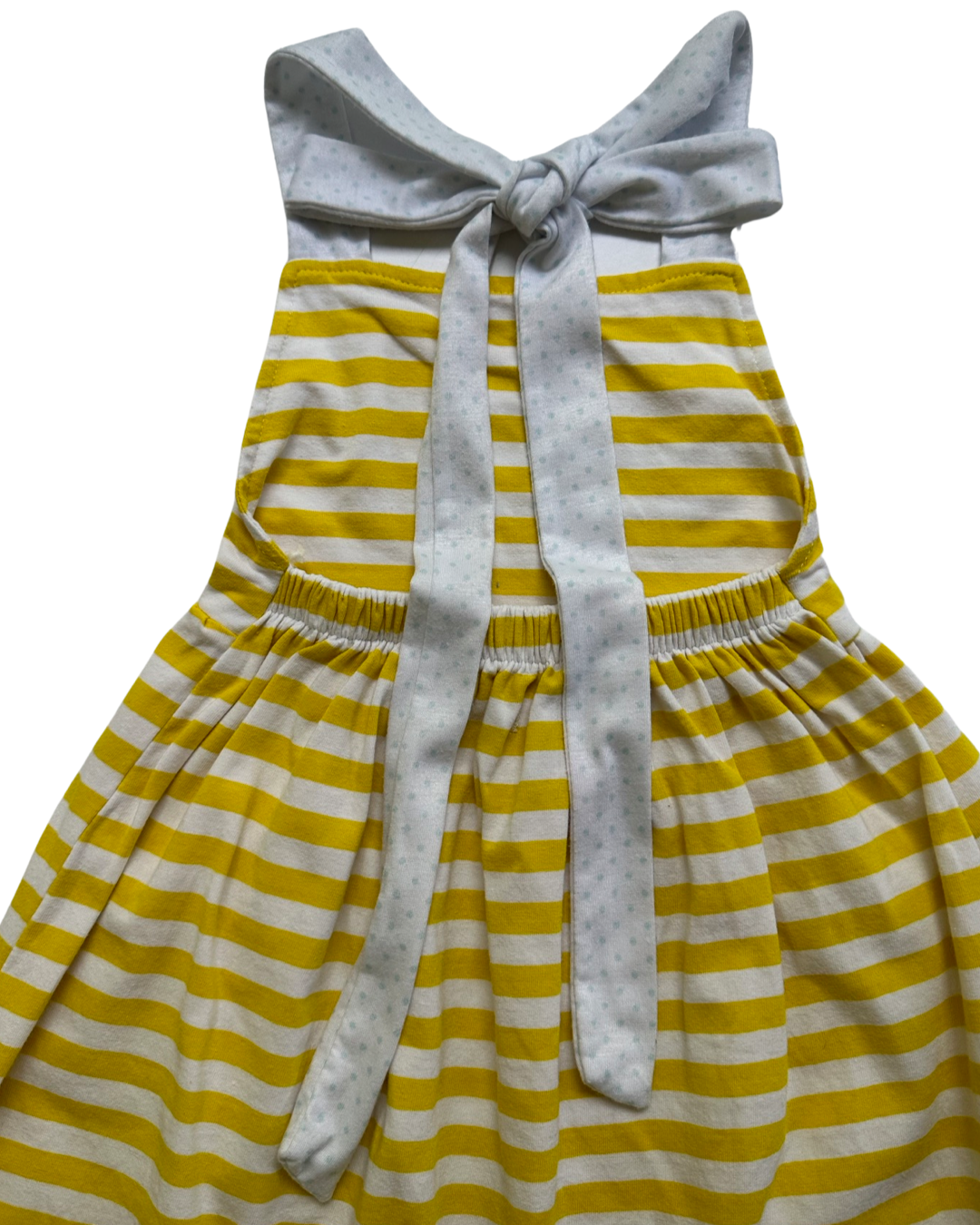4T Toddler / 5T Toddler Girl Yellow Striped Dress with Blue Polka Dot Pockets and Trim