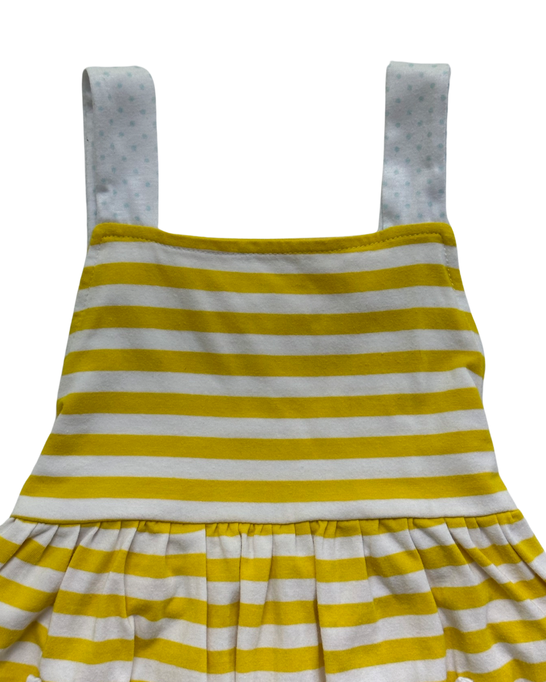 4T Toddler / 5T Toddler Girl Yellow Striped Dress with Blue Polka Dot Pockets and Trim