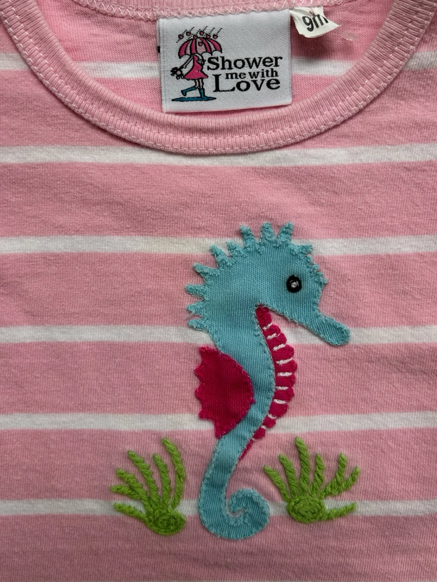 9M Baby Girls Shower Me With Love Striped Seahorse T-Shirt.