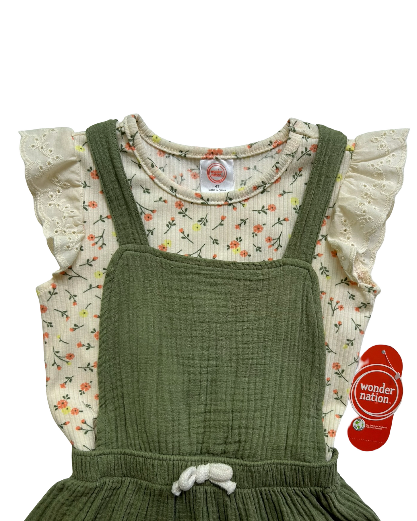 4T Toddlers Girls WonderNation Ruffle Sleeve Top & Pinafore Dress 2 Piece Outfit.