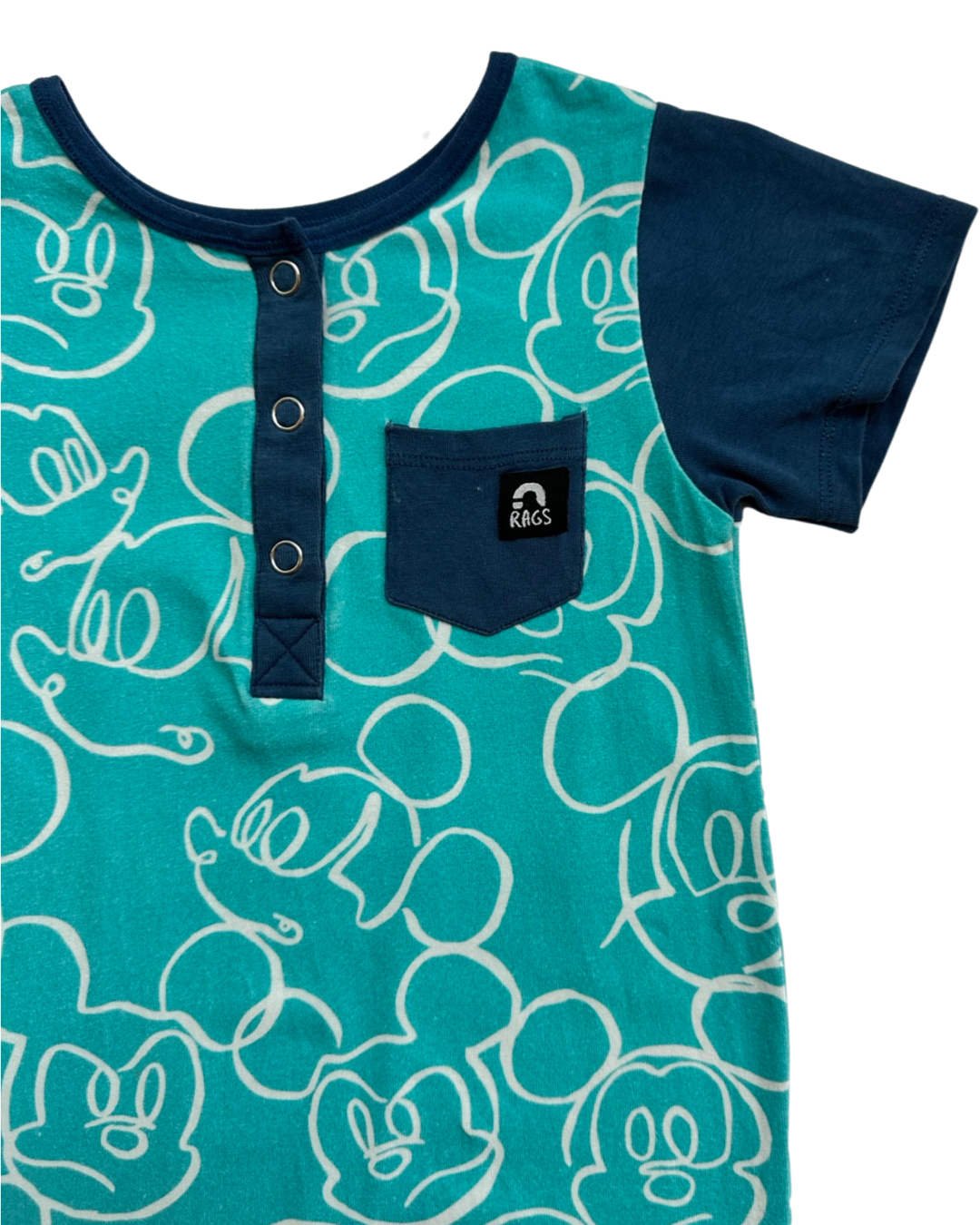 18-24M Baby Boy RAGS to Raches Limited Edition Aqua Disney Mickey Mouse Doodle Romper