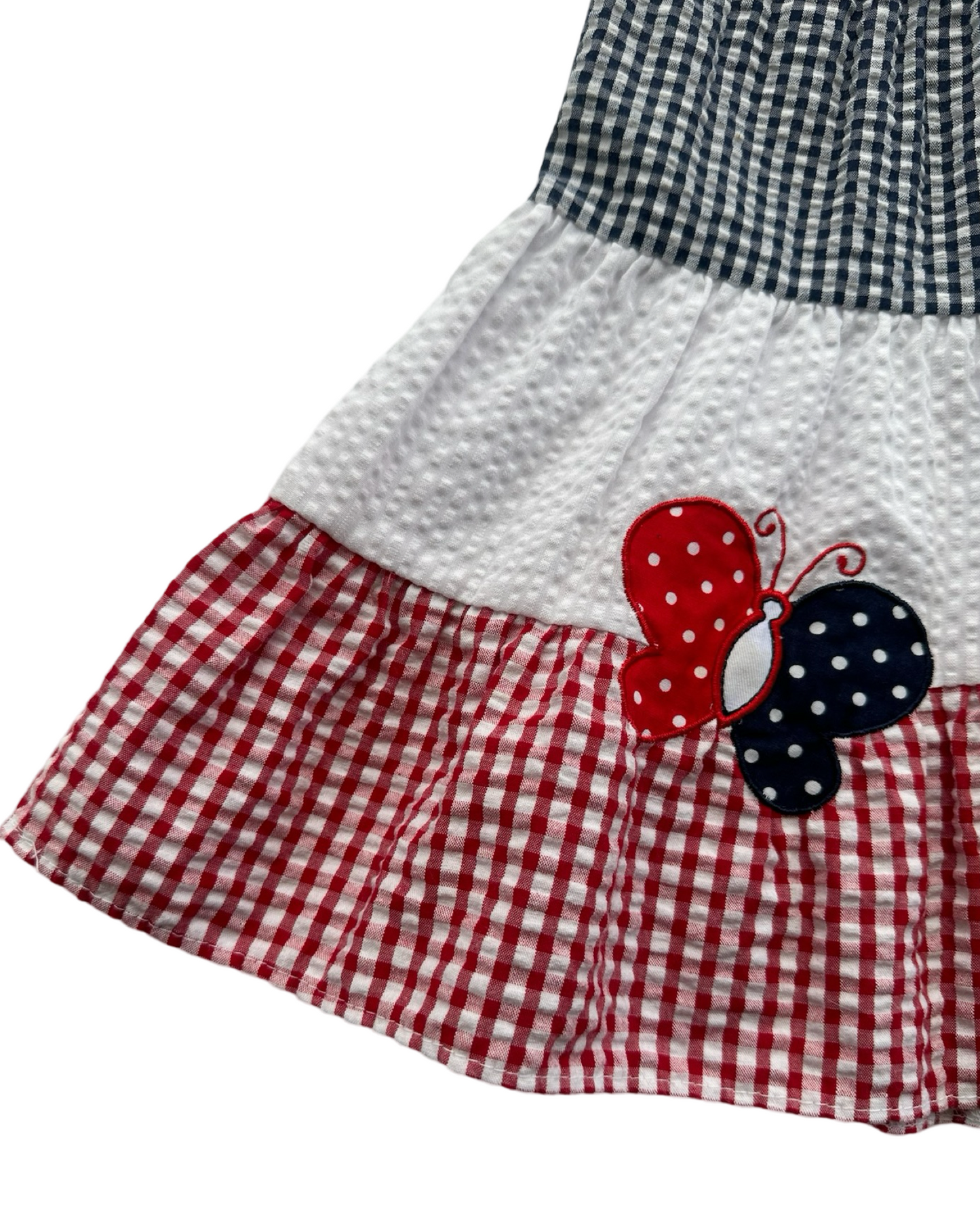 6-9M Baby Girl Red / White / Blue Seersucker Rare Editions American Butterfly Dress w/ Bloomers