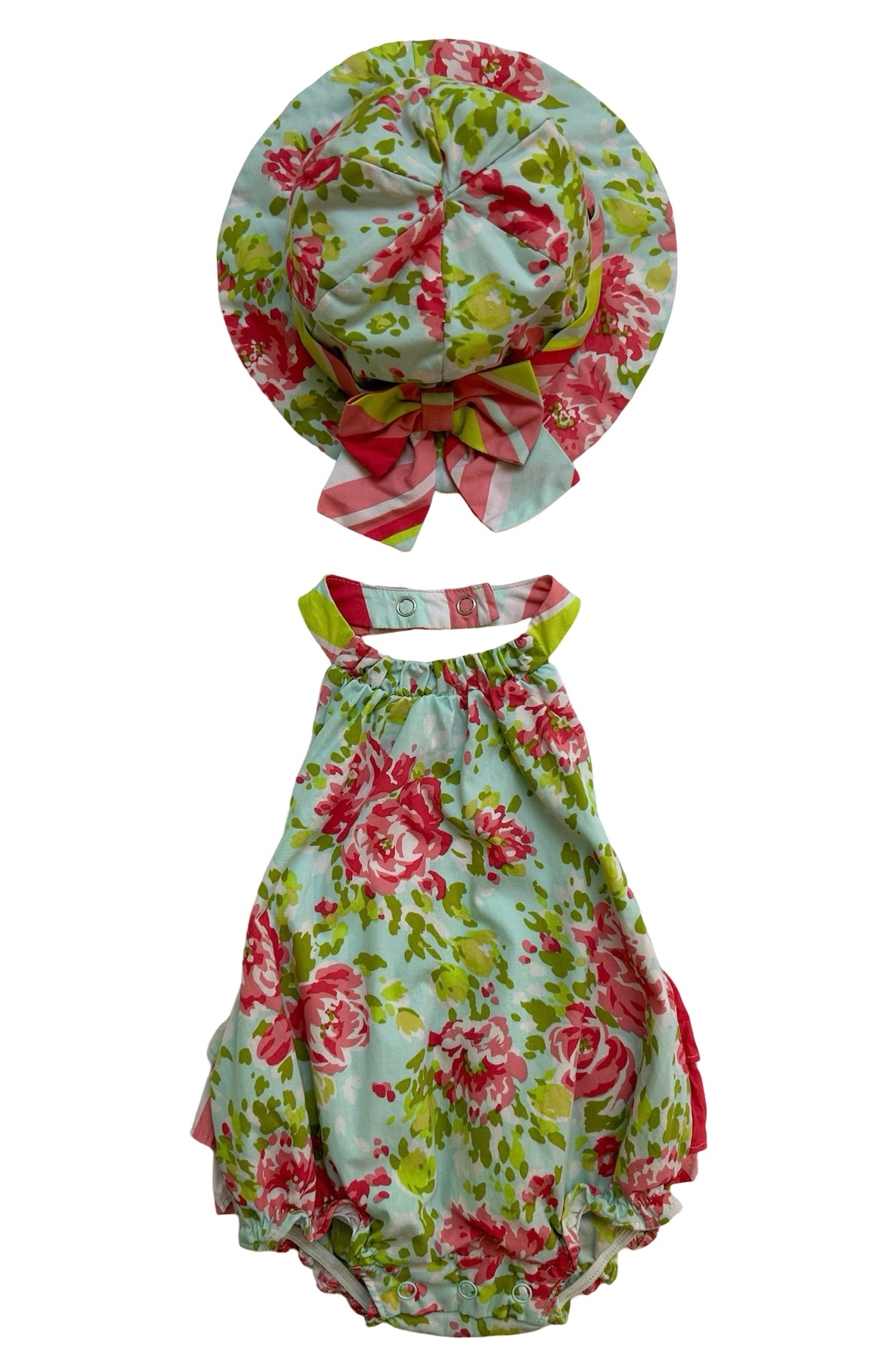 3M - 6M  Baby Girl Bonnie Baby Floral RuffleButts Bubble Romper Set 2 Pieces.