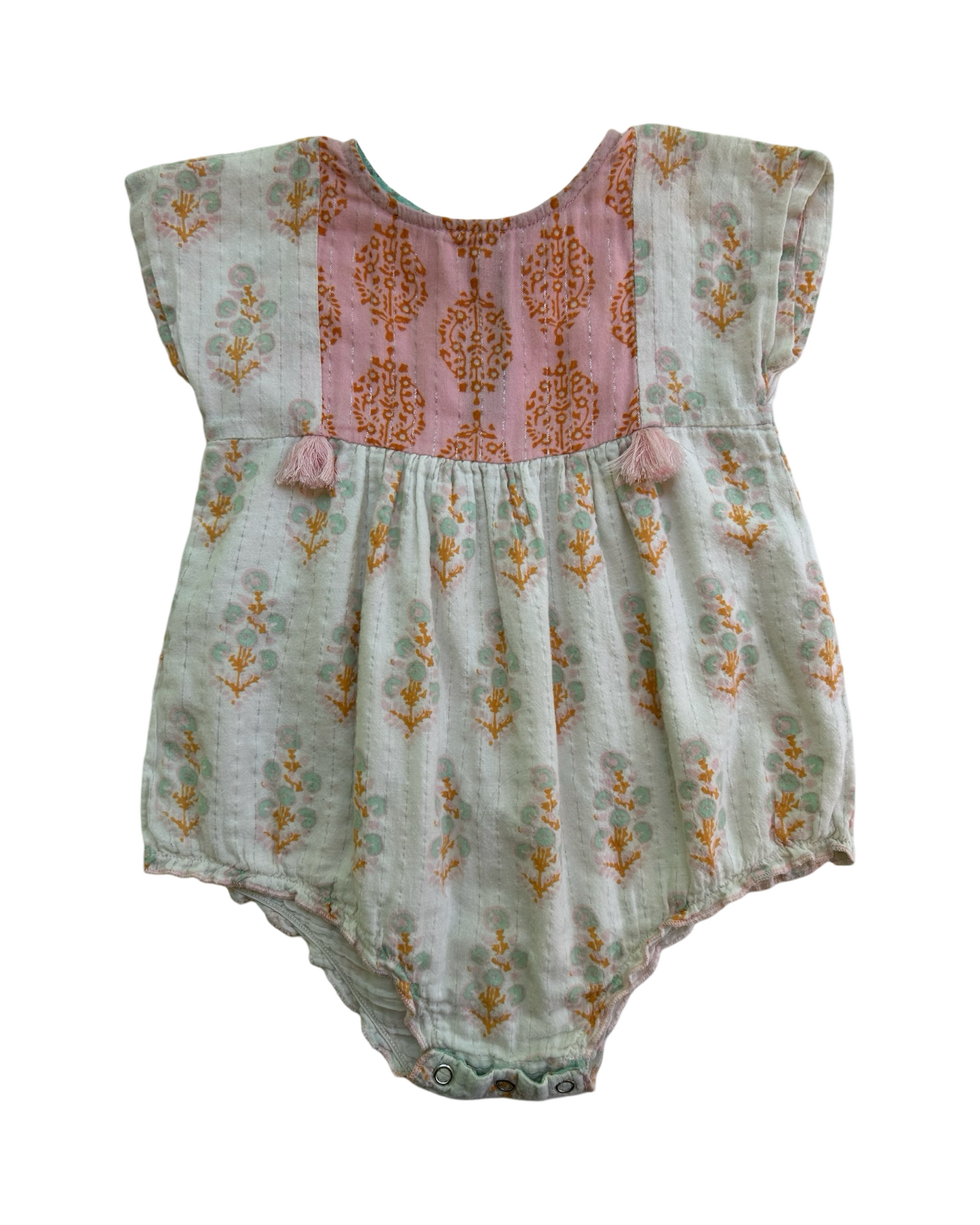 6M - 12M Baby Girls Pink Chicken Linen Bohemian Bubble Romper