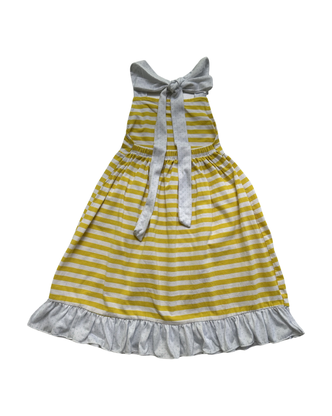 4T Toddler / 5T Toddler Girl Yellow Striped Dress with Blue Polka Dot Pockets and Trim