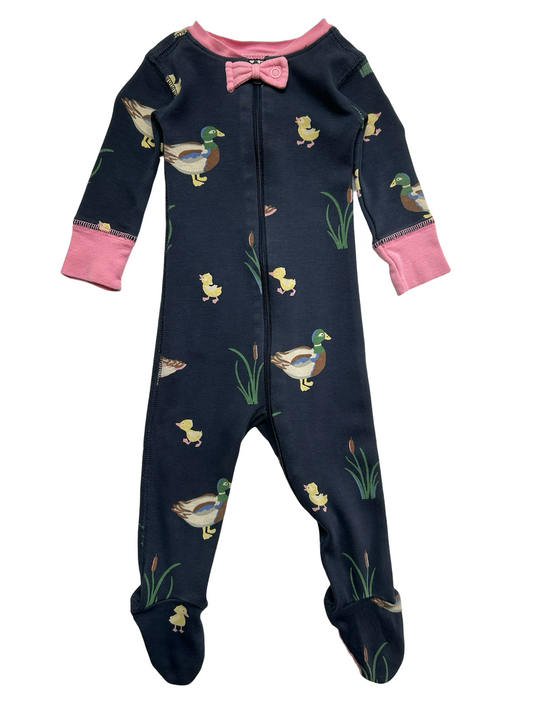 0-3M  The Beaufort Bonnet Company Baby Girls Navy Loungerwear With Duck Design Zippered Pajamas.