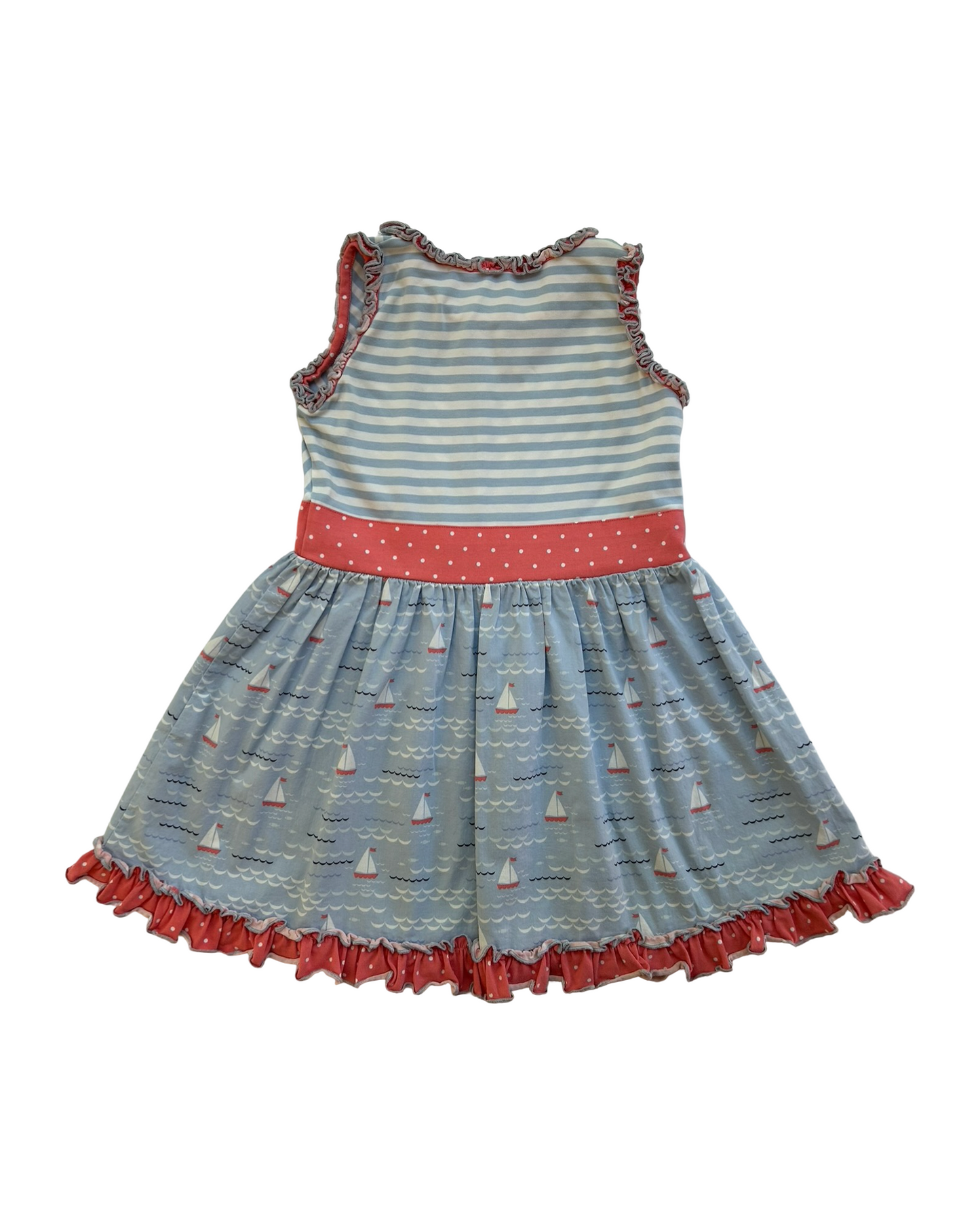 4T-5T Toddlers Girls Serendipity By Shrimp & Grits Theme Nautical Sailboat ⛵️ Striped ,Polka Dots Ruffle Trim Dress.