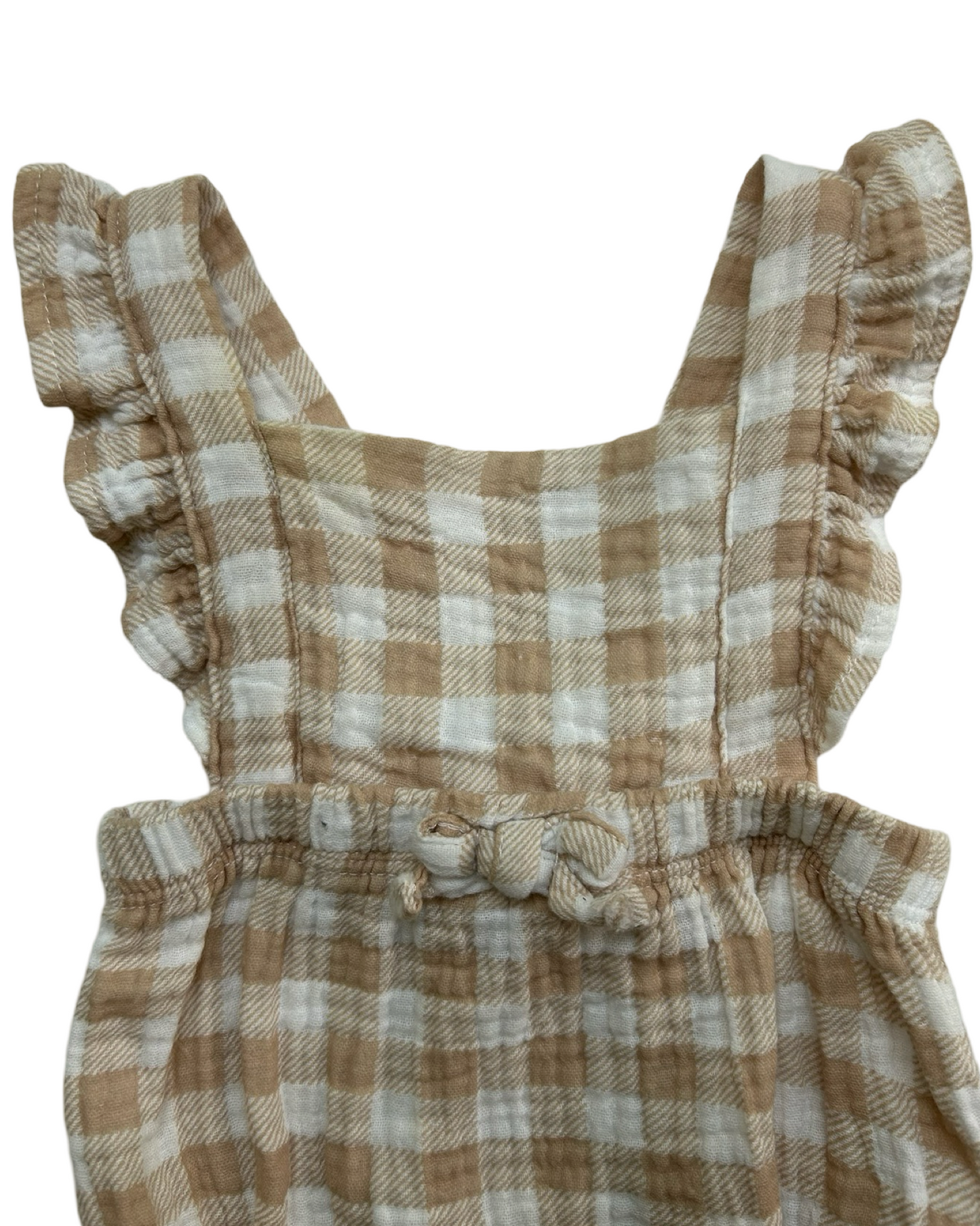3-6M Baby Girl Emily & Oliver Tan Gingham Muslin Bubble Romper