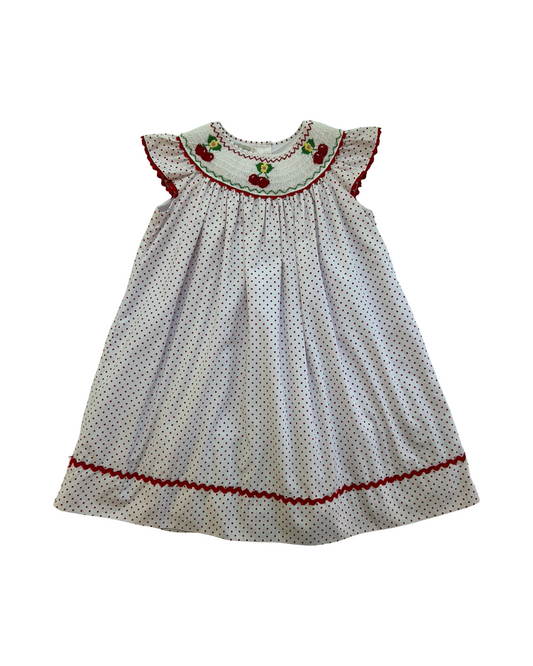 4T Toddlers Girls Marmellata Smocked Bishop With Cherry Embroidered And Polka Dot Dress.
