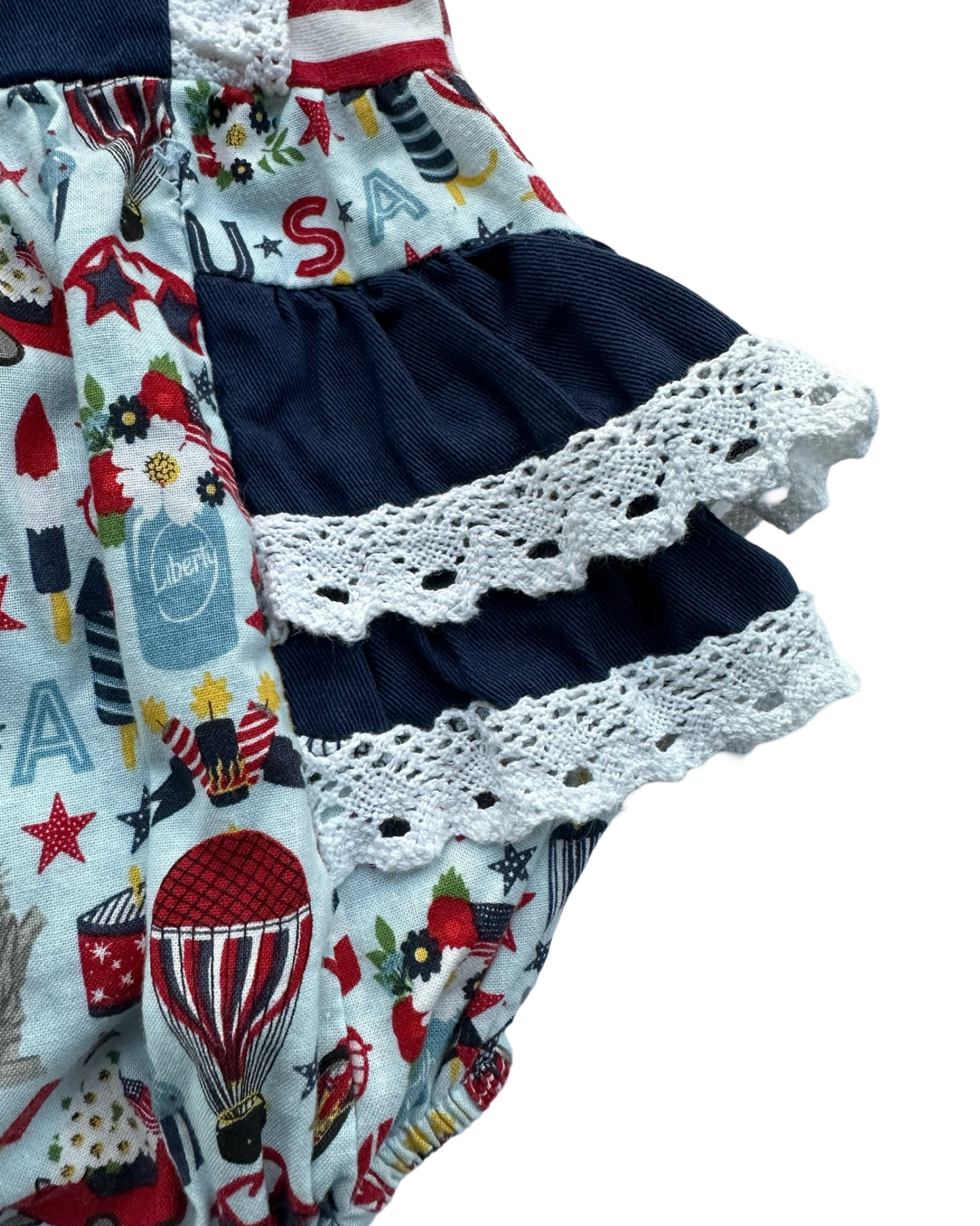 12M Baby Girl Patriotic American Ric Rac & Ruffles Bubble with Monogramed "A"