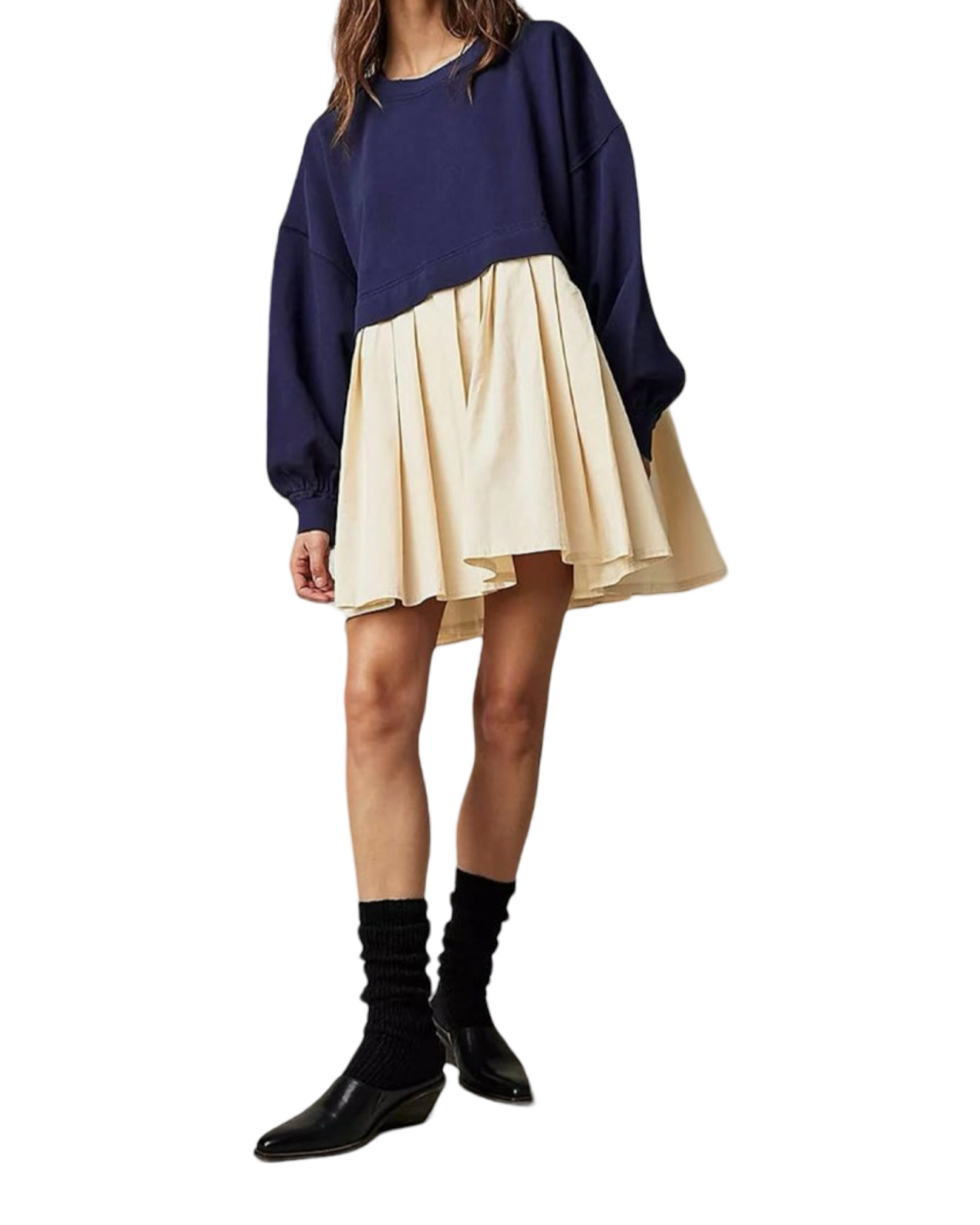 Women's Oversized Navy and Khaki Pleated Bottom Sweatshirt Dress Size Small