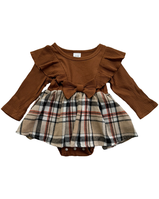 6M-9M Baby Girls Brown Plaid Fall Onesie Dress