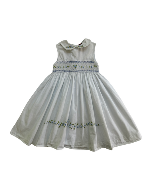 4T Toddler Girl Chocolate Soup White Smocked Dress with Blue Flowers