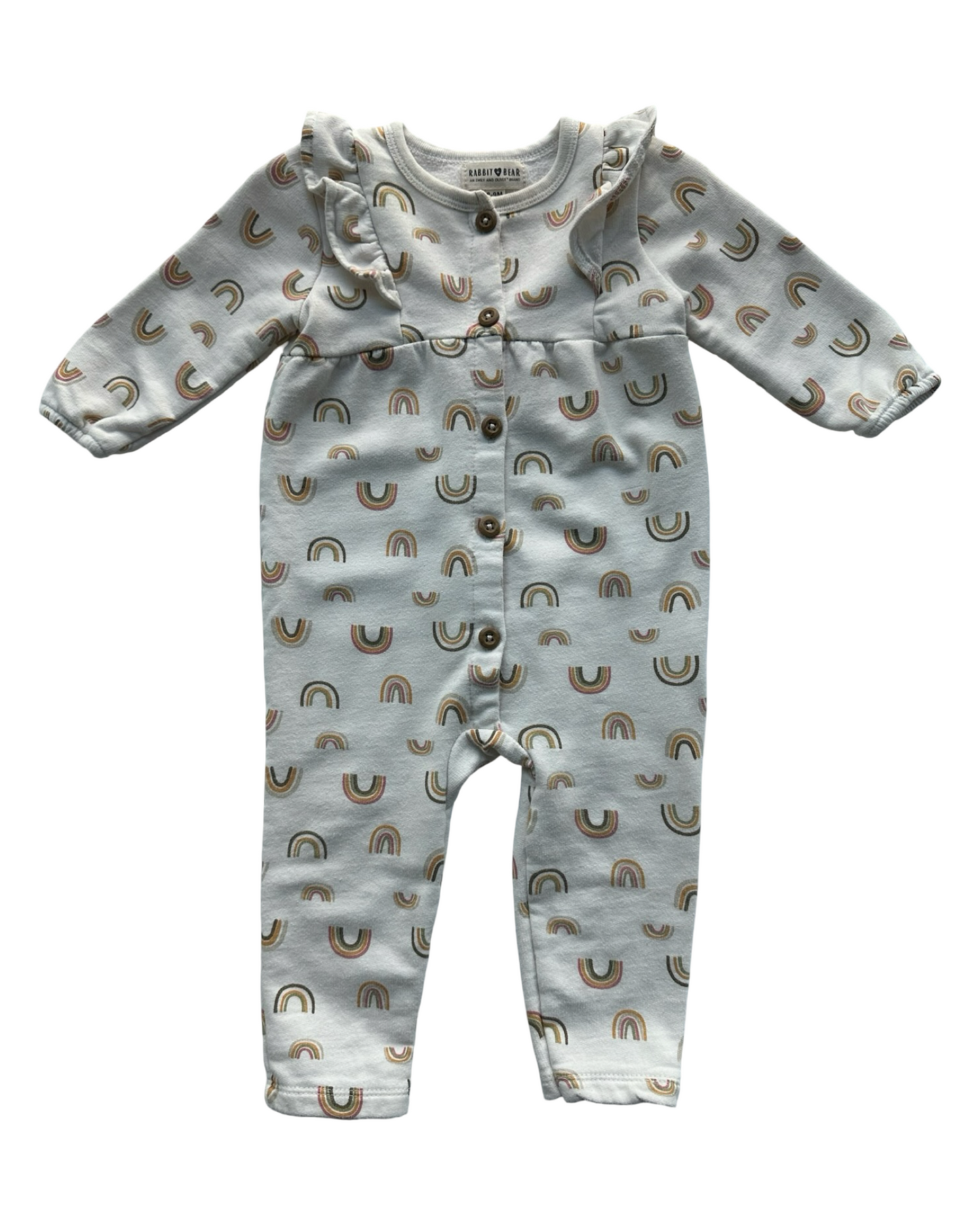 6M-9M Baby Girl Rabbit + Bear Rainbow 🌈 Ruffle One Piece Romper Outfit.