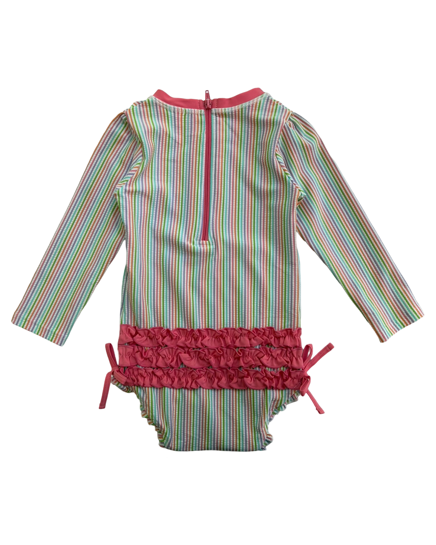 2T Toddler Girls RuffleButts Rainbow Seersucker Long Sleeve Rash Guard One Pieces. NWT