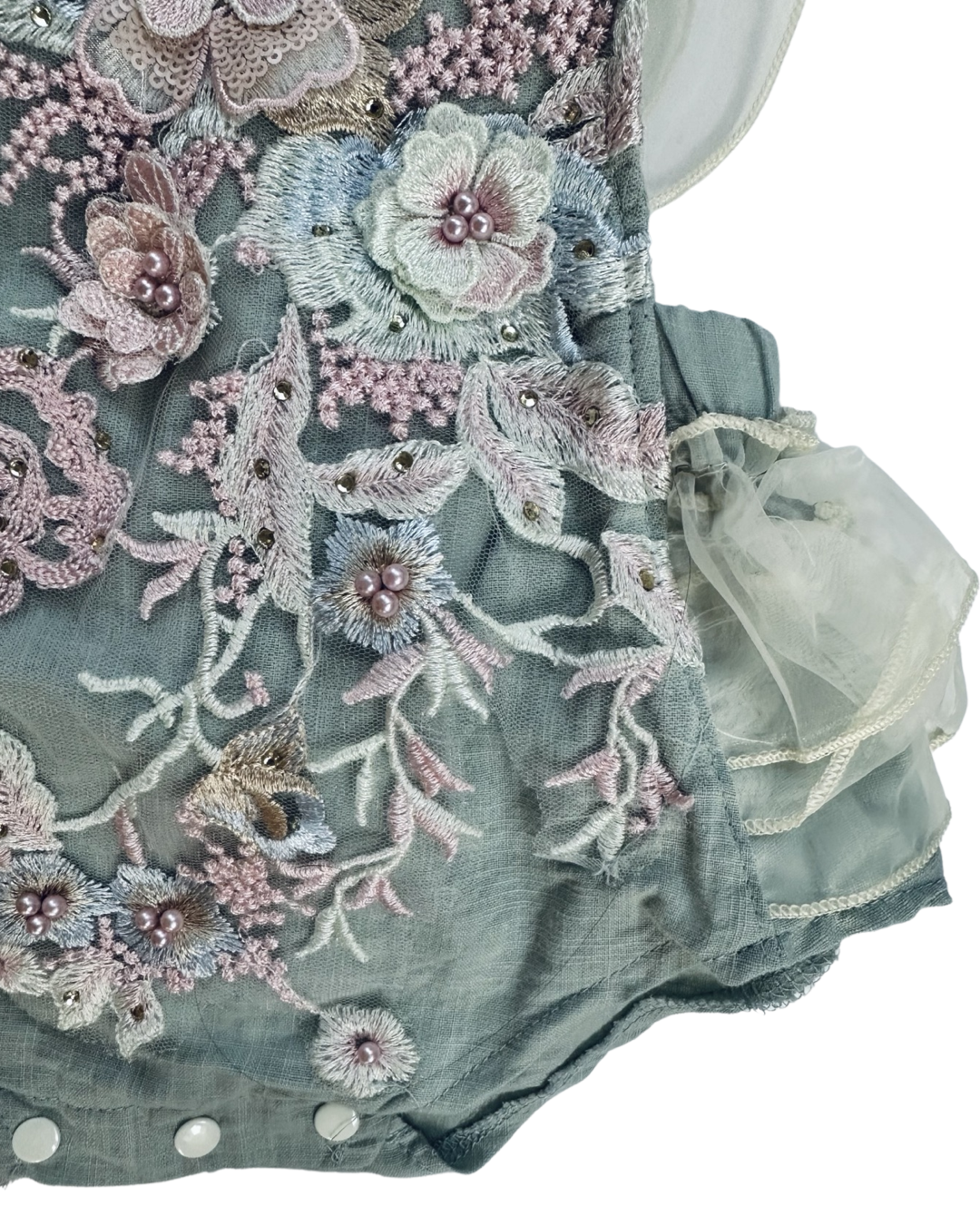 6-12M Baby Girl Little House Boutique  Beautiful Floral Embroidered and Beaded Rufflebutt Bubble Romper