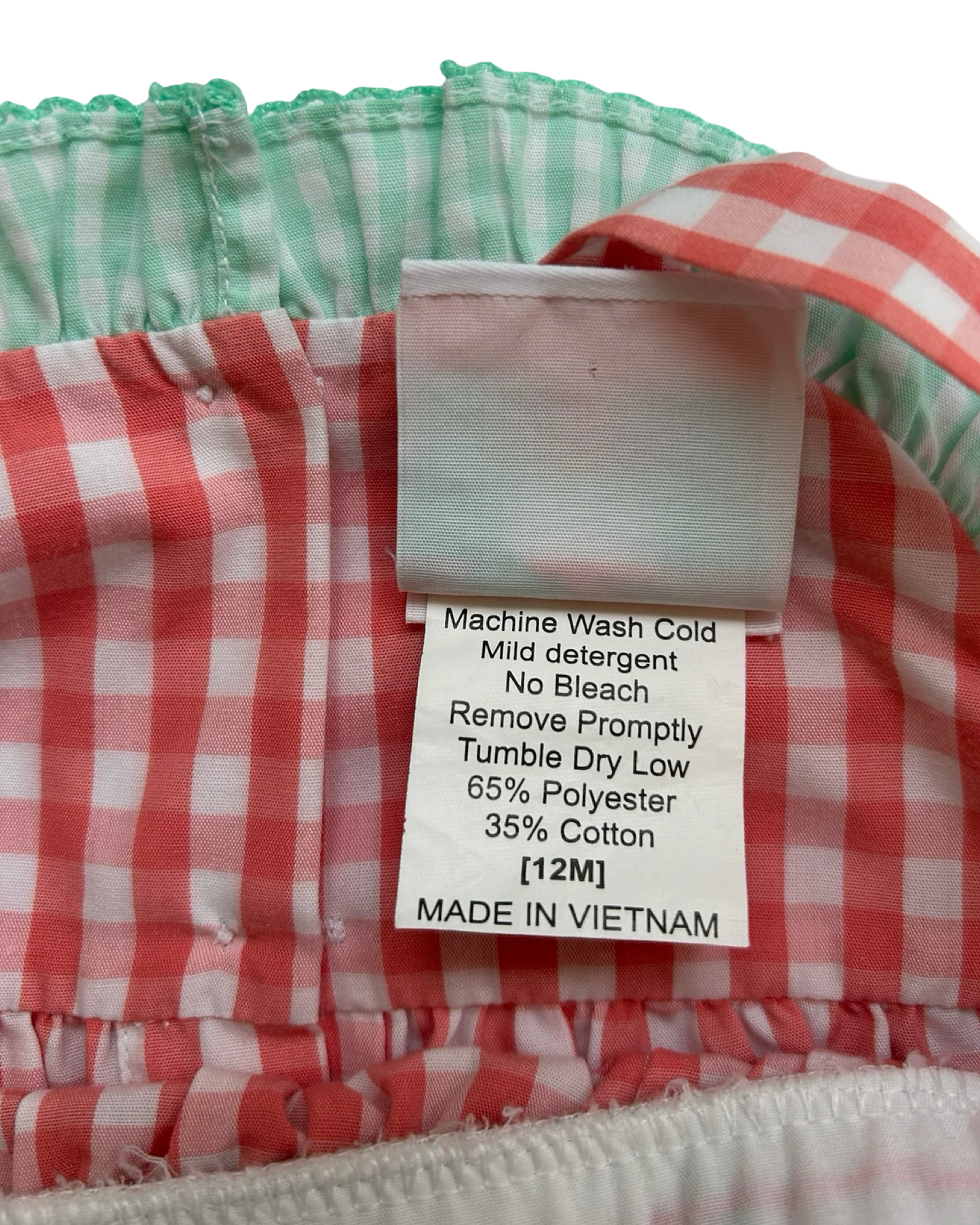 12M Baby Girls Shrimp & Grits Kids Red And White Gingham Pattern Ruffled Mint Green Trim, Embroidered Cherries Bubble Romper.