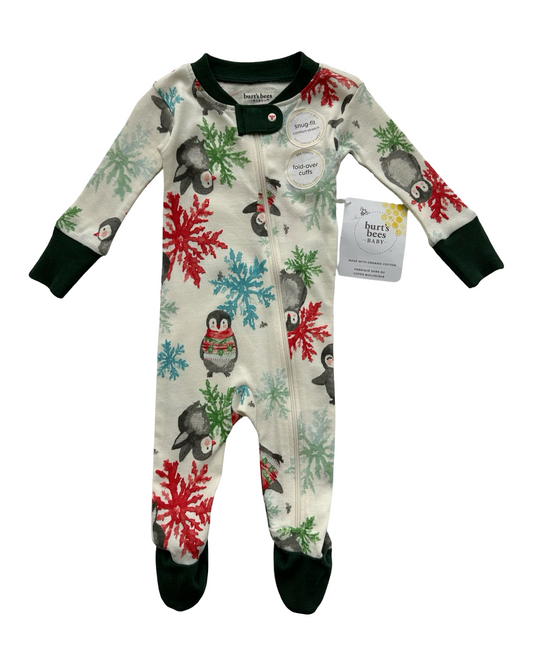 0-3M Newborn Baby Girls/Boys (UNISEX) Burt’s Bees  Baby Penguin Footies Snowflake Zip Front Organic Cotton Sleepwear Pjs. NWT