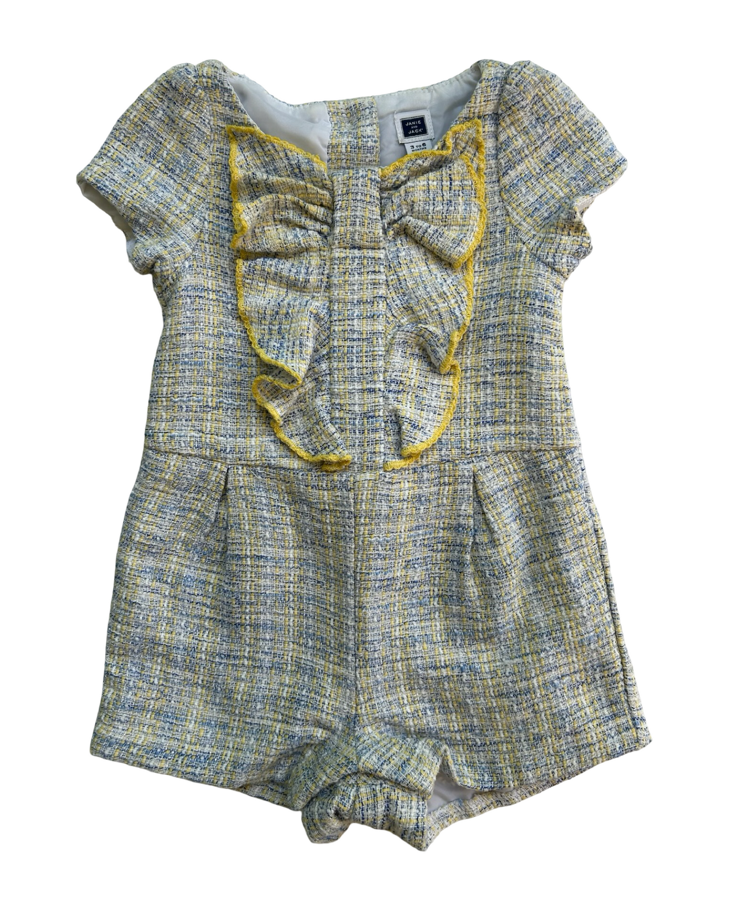 3M-6M Baby Girls Janie & Jack Ruffle Front Blue And Yellow Tweed Romper