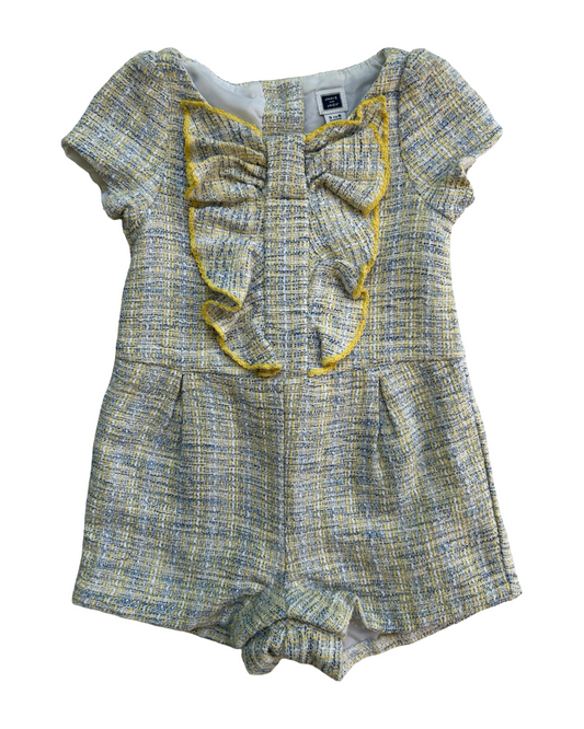 3M-6M Baby Girls Janie & Jack Ruffle Front Blue And Yellow Tweed Romper