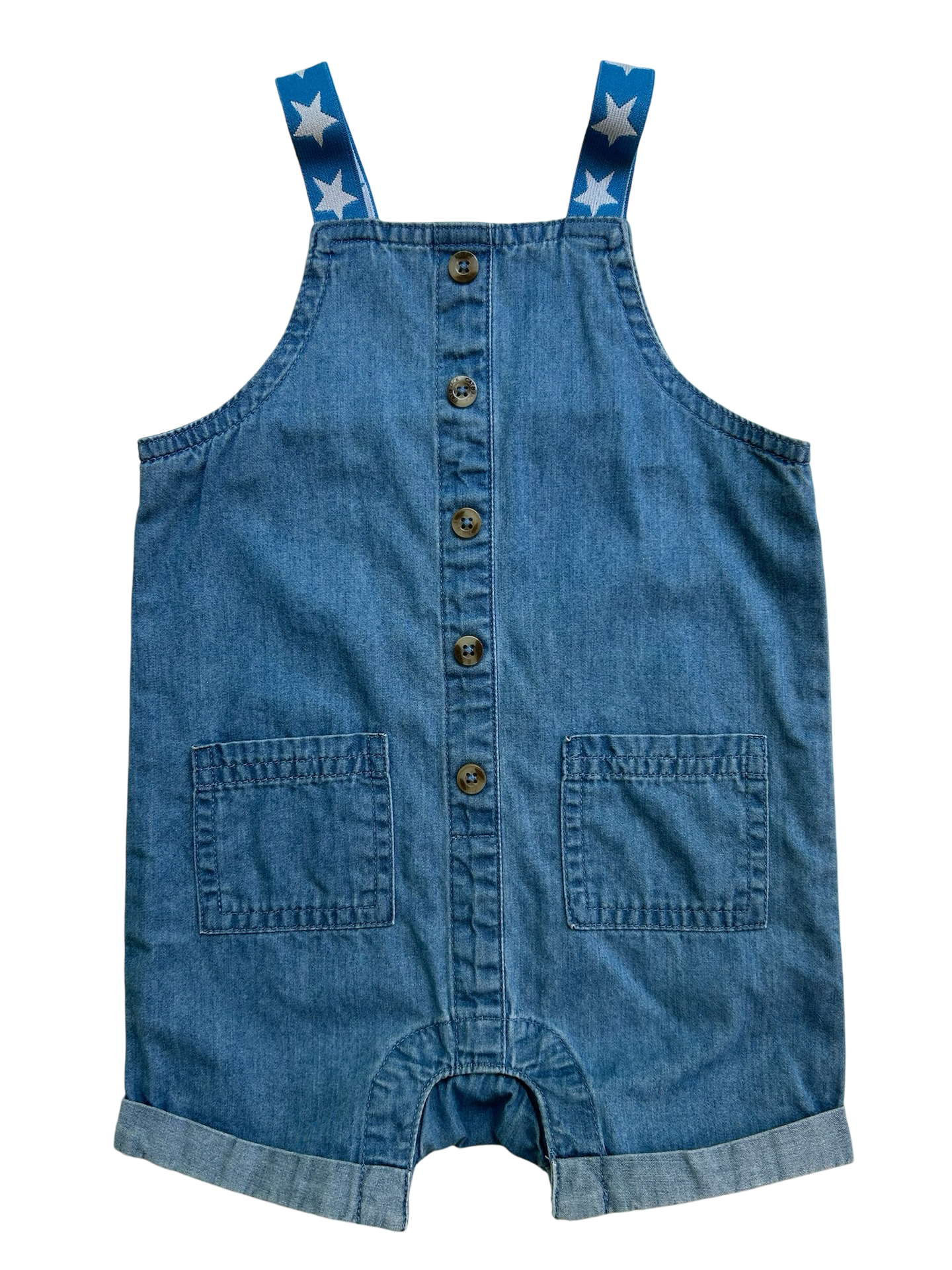 6M -9M Baby Boy Cat & Jack Blue With Stars White Chambray Bubble Romper