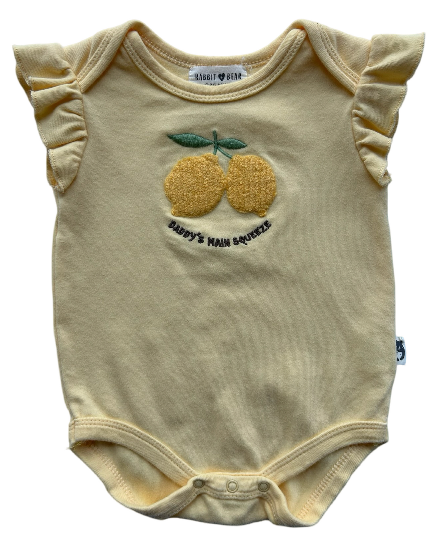 3M-6M Baby Girls Rabbit + Bear Organic Embroidered Lemon 🍋 🍋 Ruffle Short Sleeves Romper.