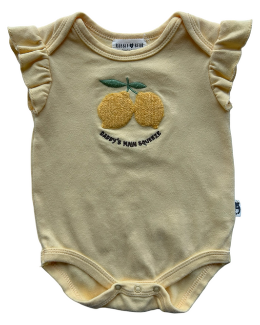3M-6M Baby Girls Rabbit + Bear Organic Embroidered Lemon 🍋 🍋 Ruffle Short Sleeves Romper.