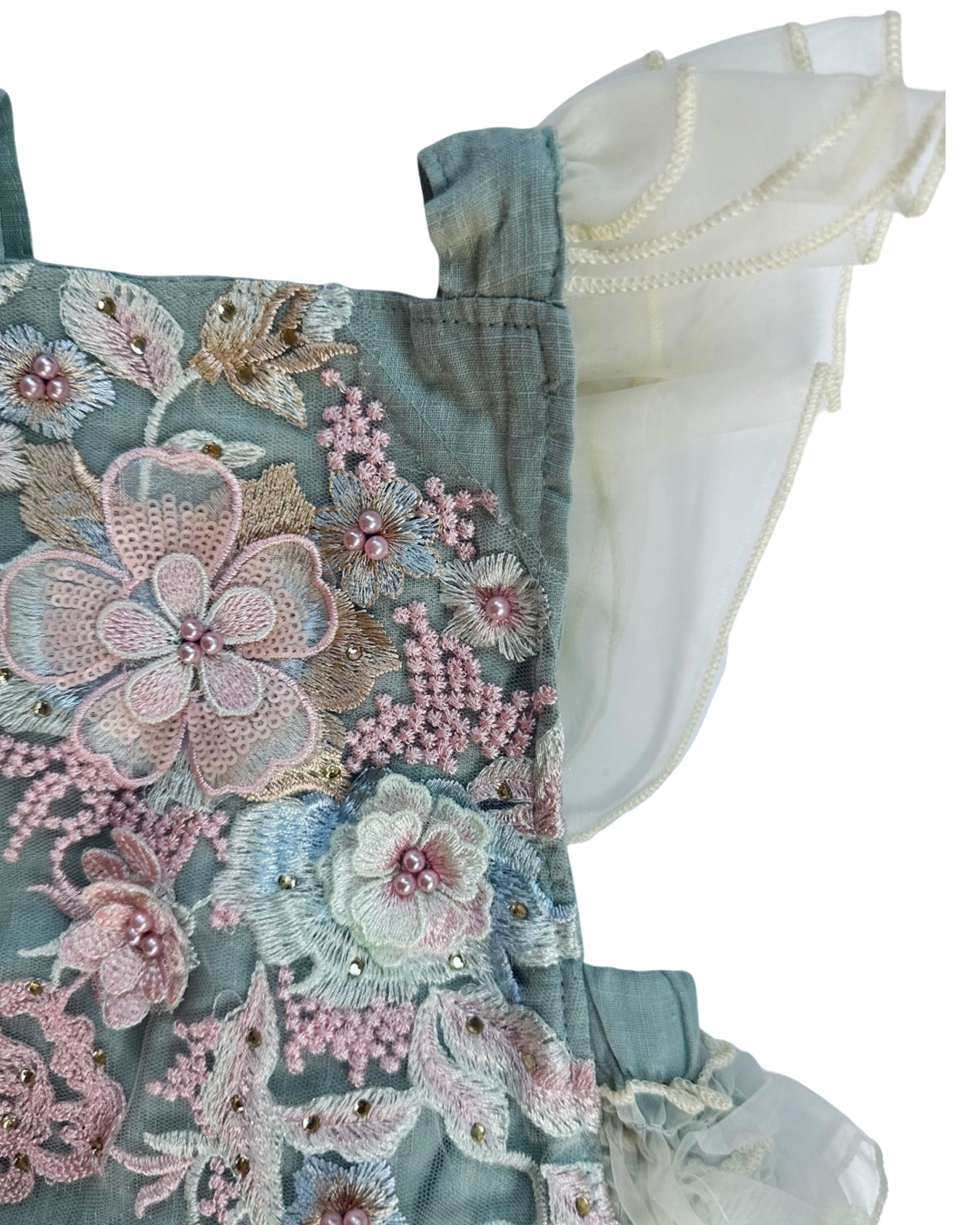 6-12M Baby Girl Little House Boutique  Beautiful Floral Embroidered and Beaded Rufflebutt Bubble Romper
