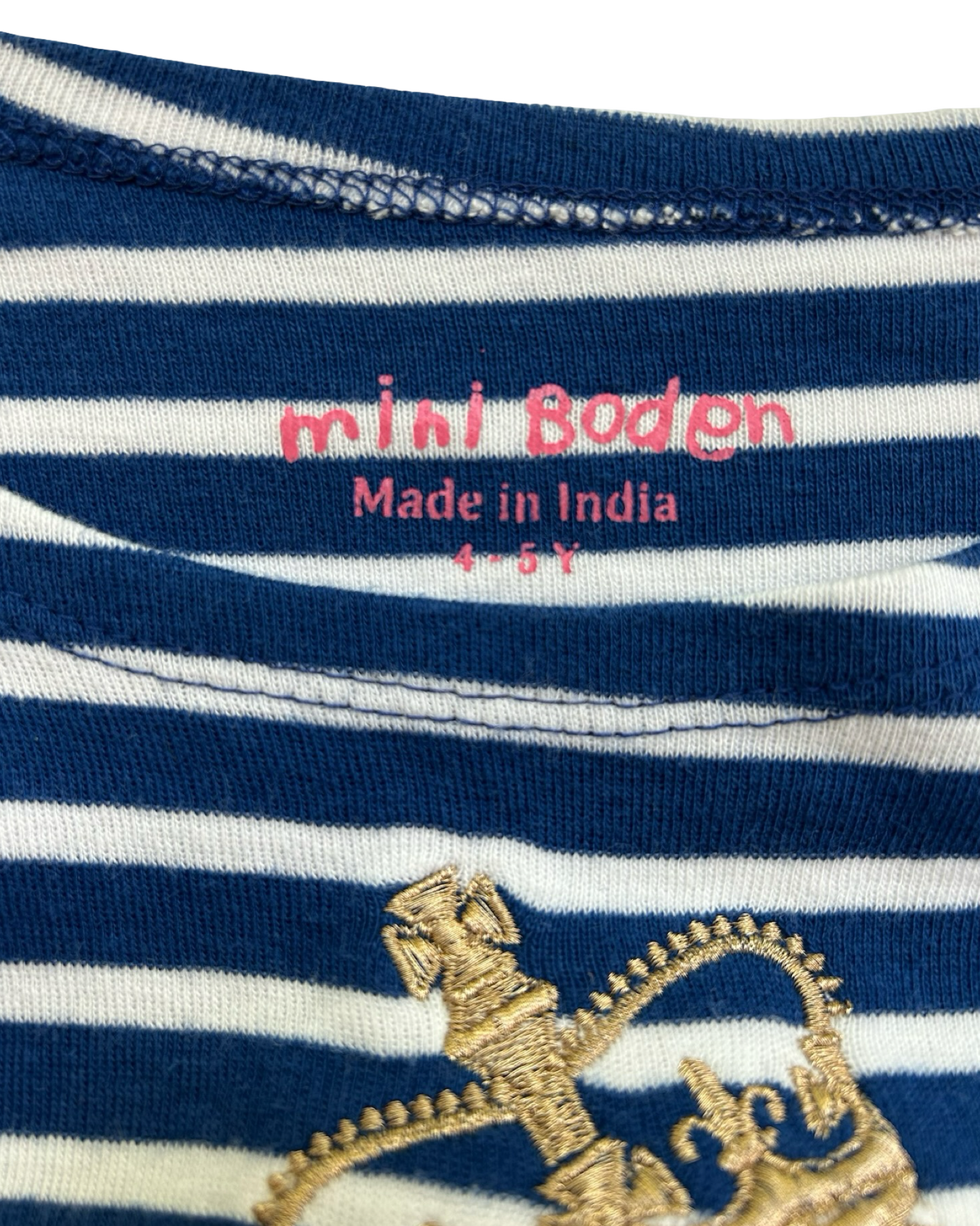 4-5 Toddlers Girls Mini Boden Tea And Crumpets Embellished Breton 3/4 Sleeves Tee Shirt.