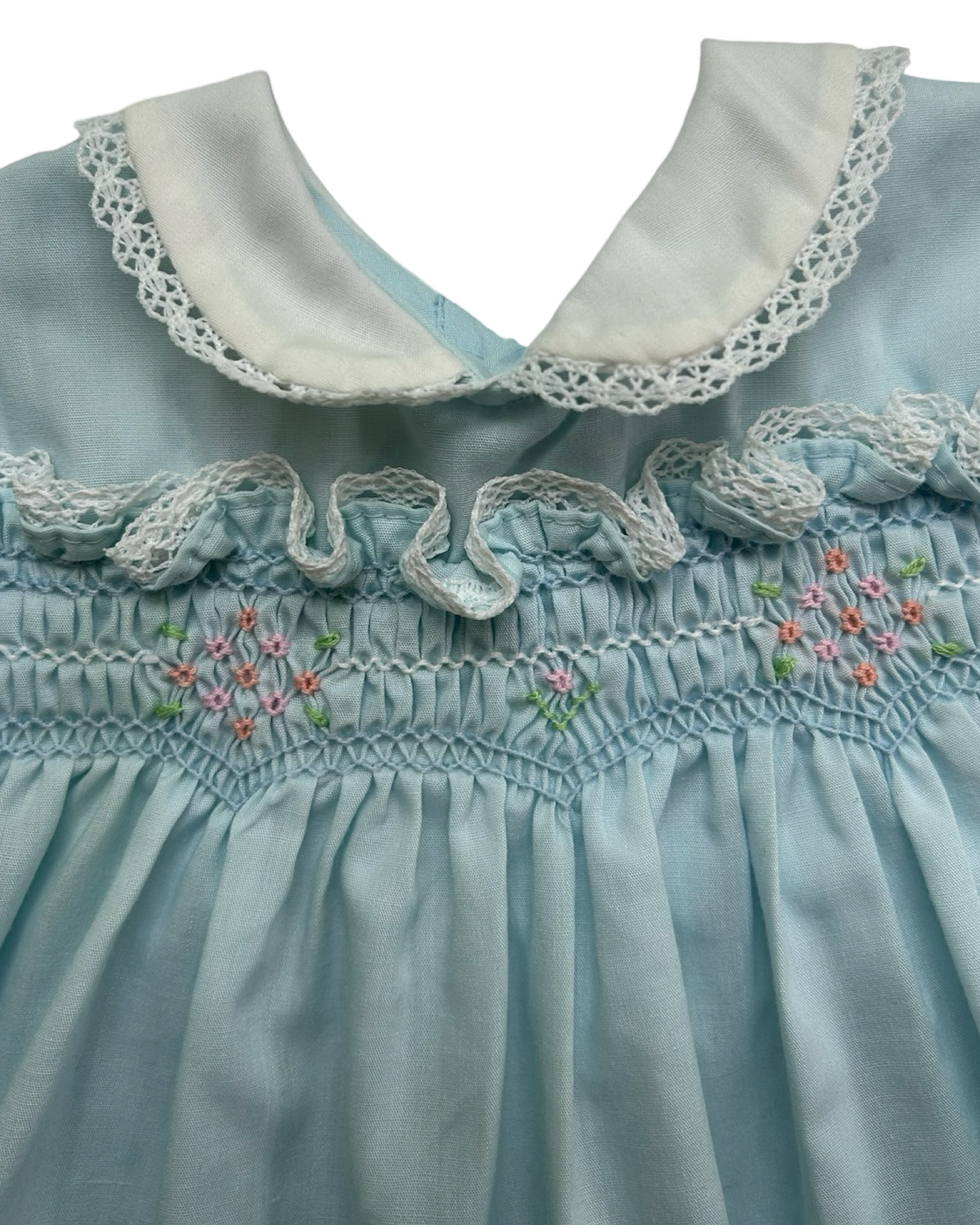 6M-12M Baby Girl Vintage Polly Flinders Blue Hand Smocked Dress.