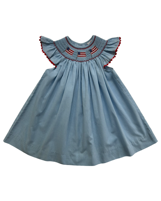 6M Baby Girls Mom & Me Patriotic Light Blue Gingham Flags 🇺🇸🇺🇸🇺🇸 Smocked And Ruffled Sleeves Dress