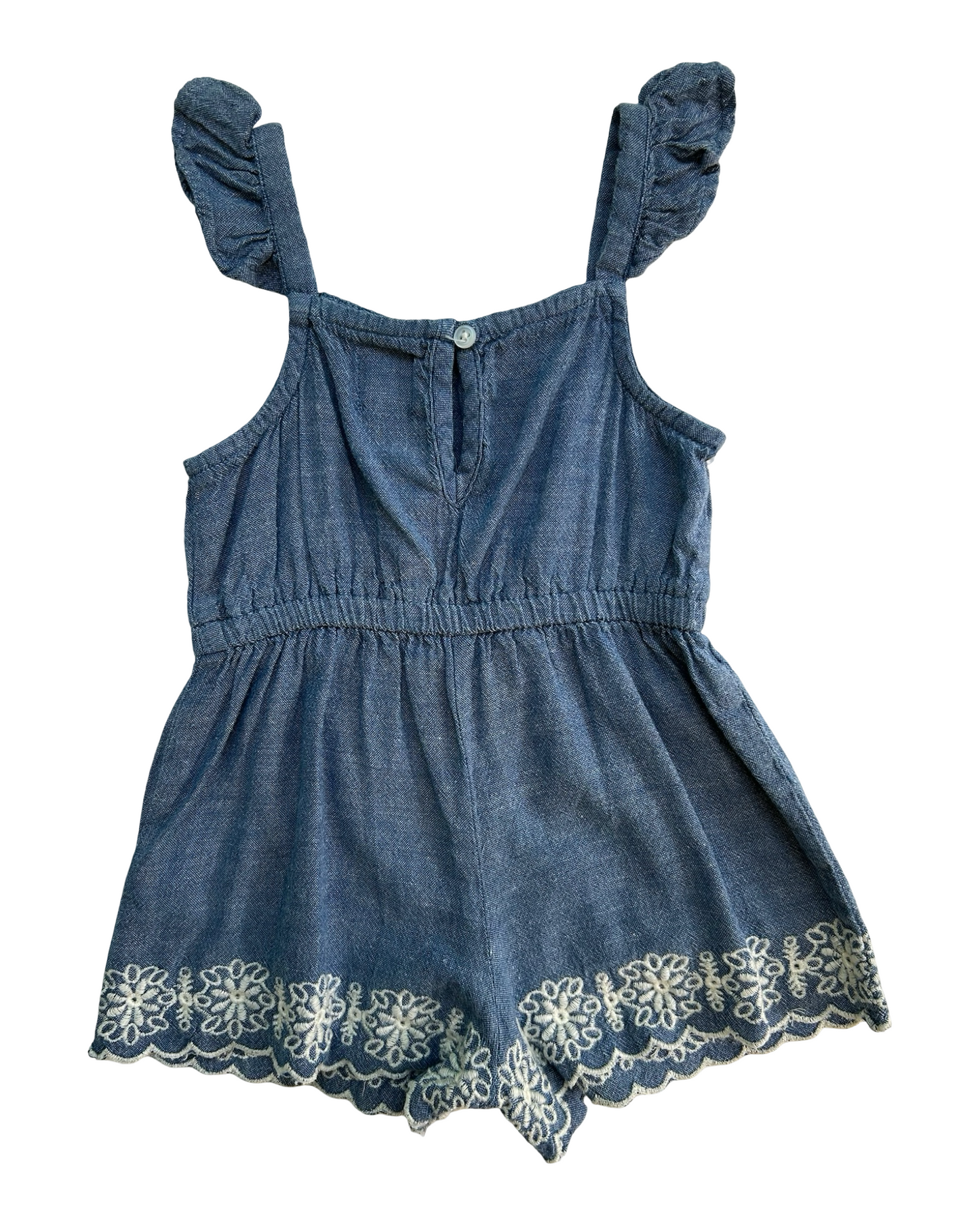 2T Toddlers Girls Baby Gap Embroidered Flowers Trim Lace Scallop Ruffle Chambray Romper
