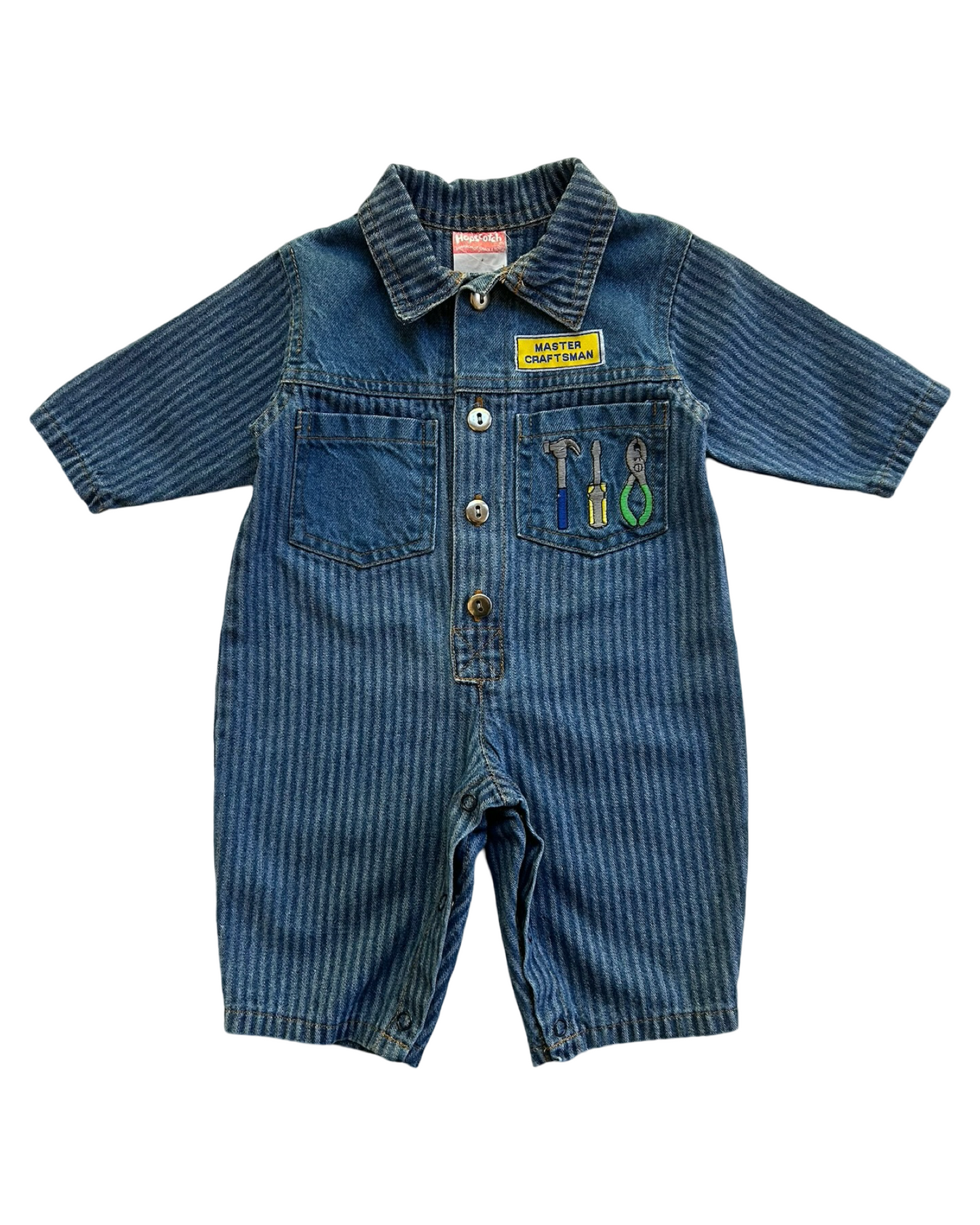 0-6M Baby Boy Denim HopScotch Master Craftsman Vintage Romper