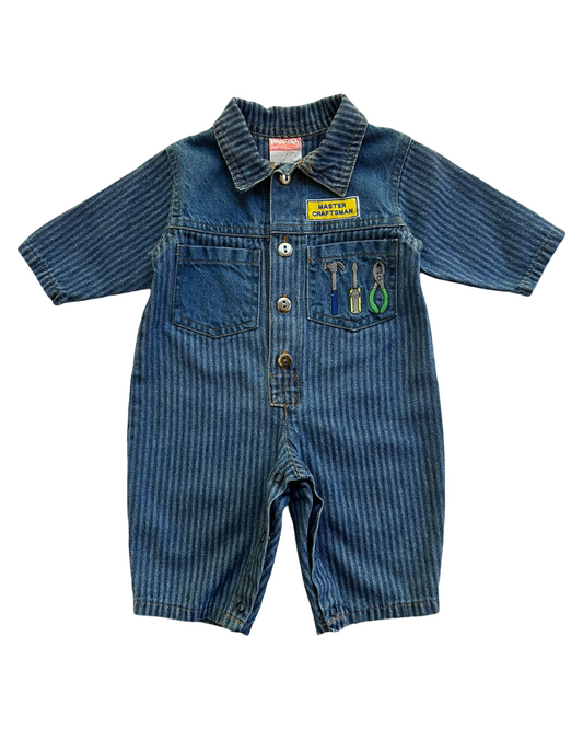 0-6M Baby Boy Denim HopScotch Master Craftsman Vintage Romper